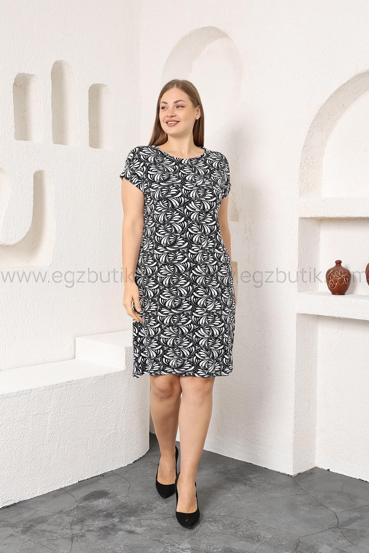 Yuvarlak Yaka Yazlık Alaca Desenli Viskon Elbise