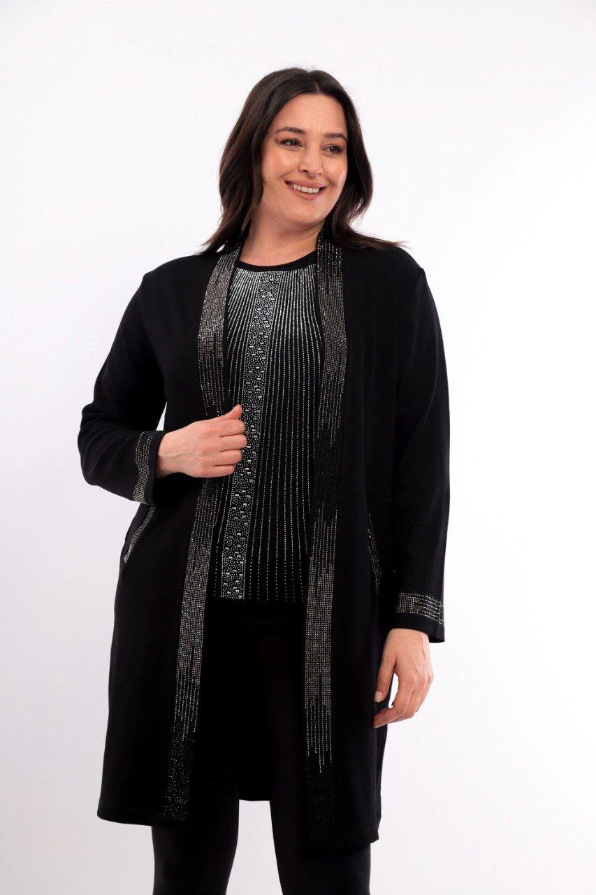 Büyük Beden Taş Süslemeli Hırka - Gümüş Taş