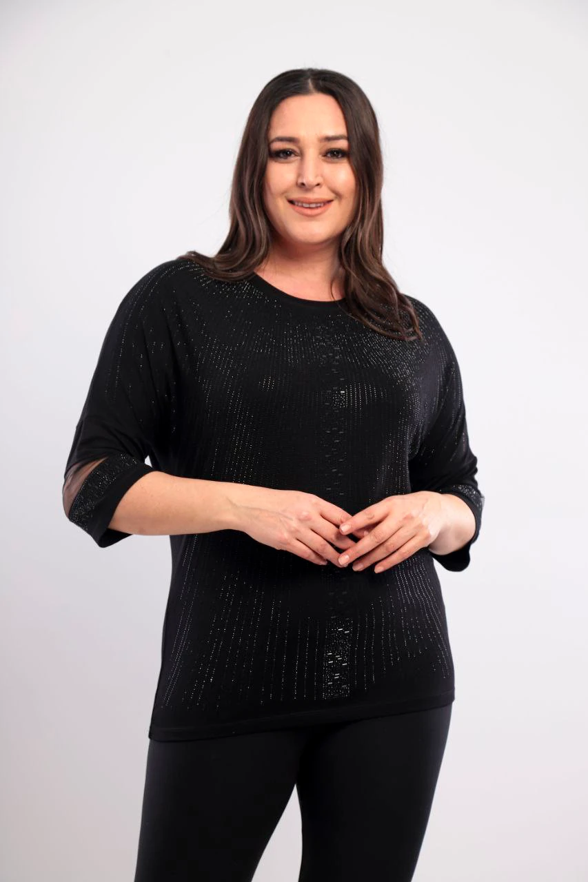 Büyük Beden Taş Süslemeli Abiye Bluz - Siyah