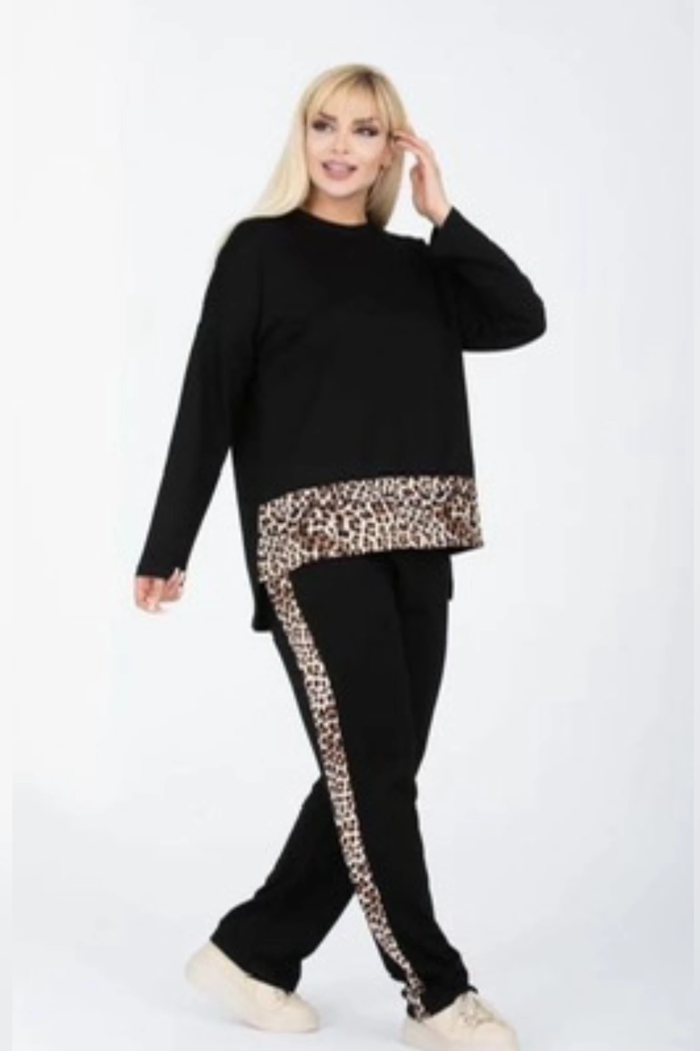 Büyük Beden Leopar Garnili Uzun Kol İkili Takım