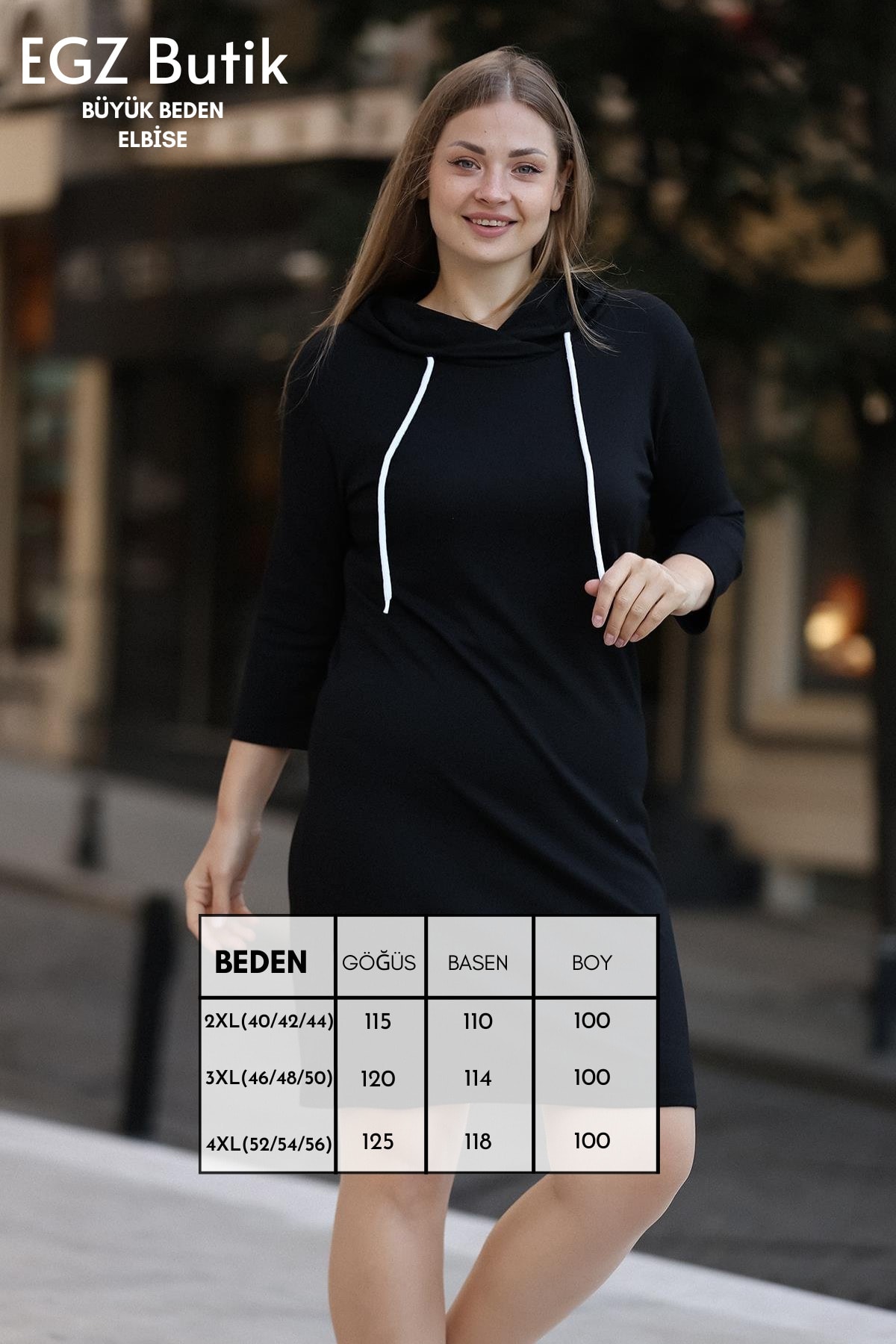 Kapşonlu Büyük Beden Siyah Elbise