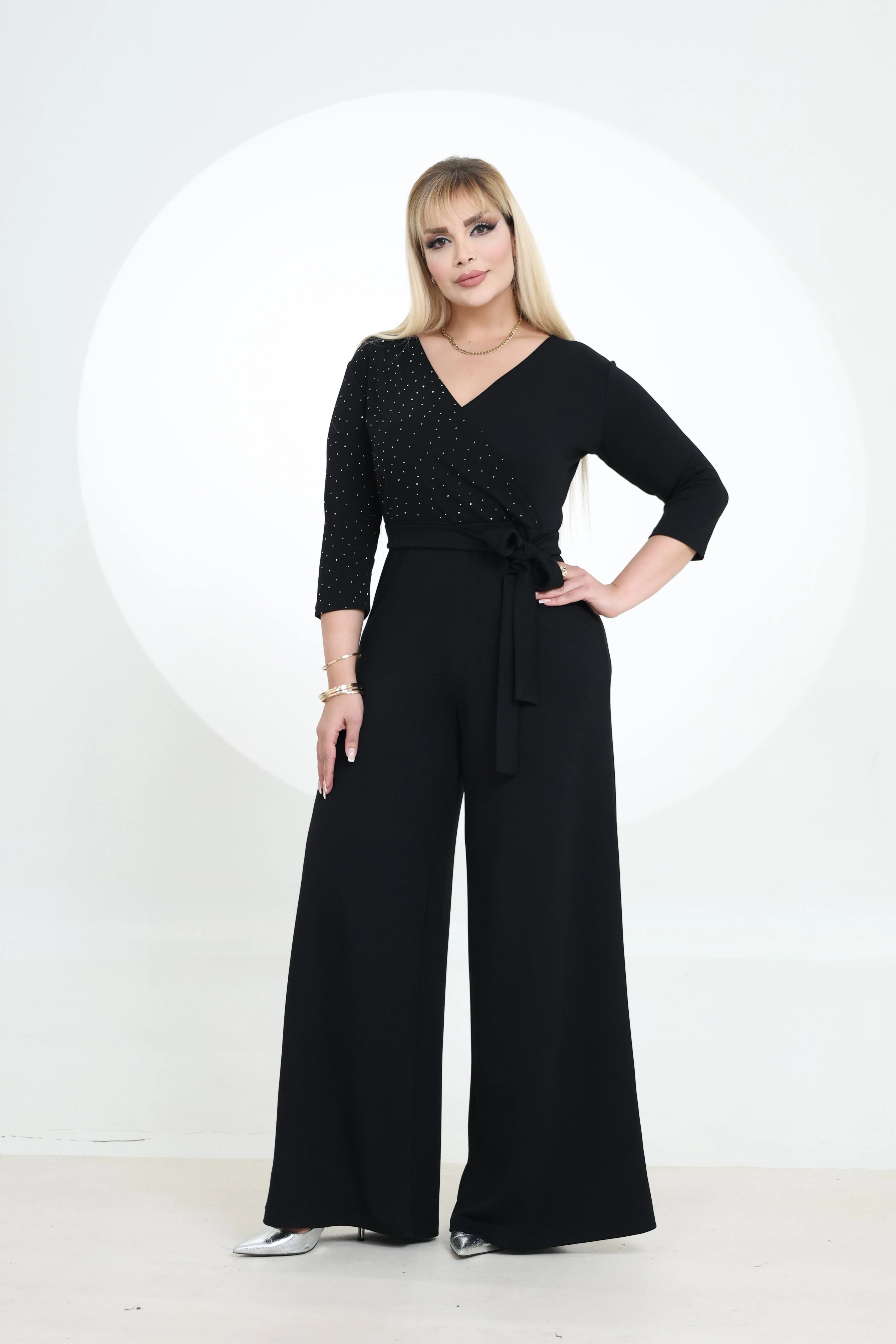 Büyük Beden Puantiye Garnili Tulum