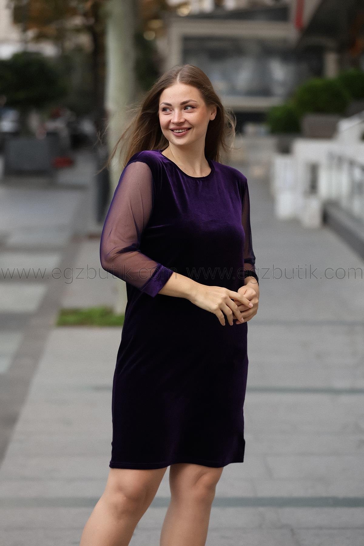 Kolları Tül Kadife Desen Mor Elbise