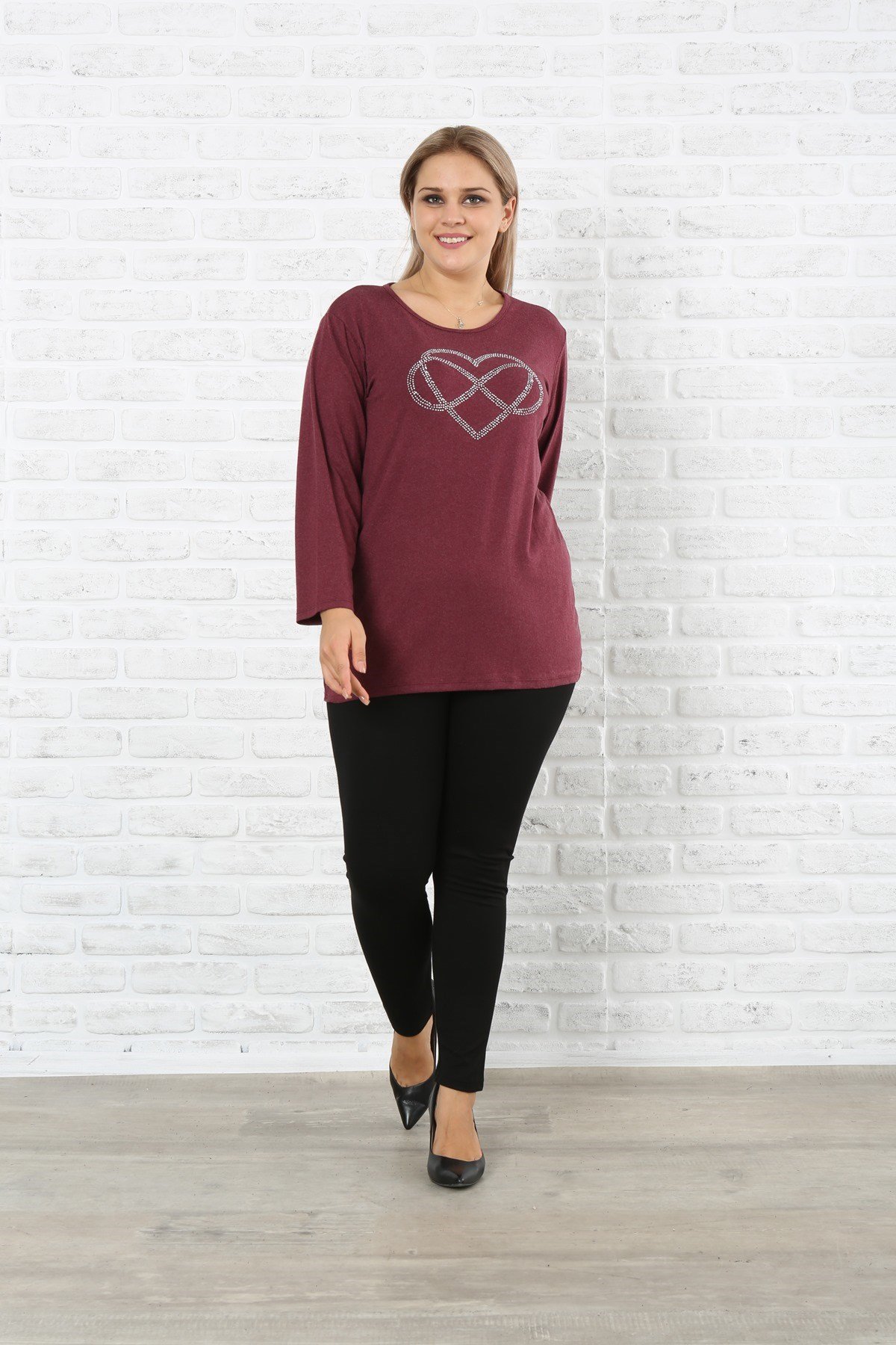 Sonsuz Kalp Baskılı  Taşlı Büyük Beden Bordo Kazak