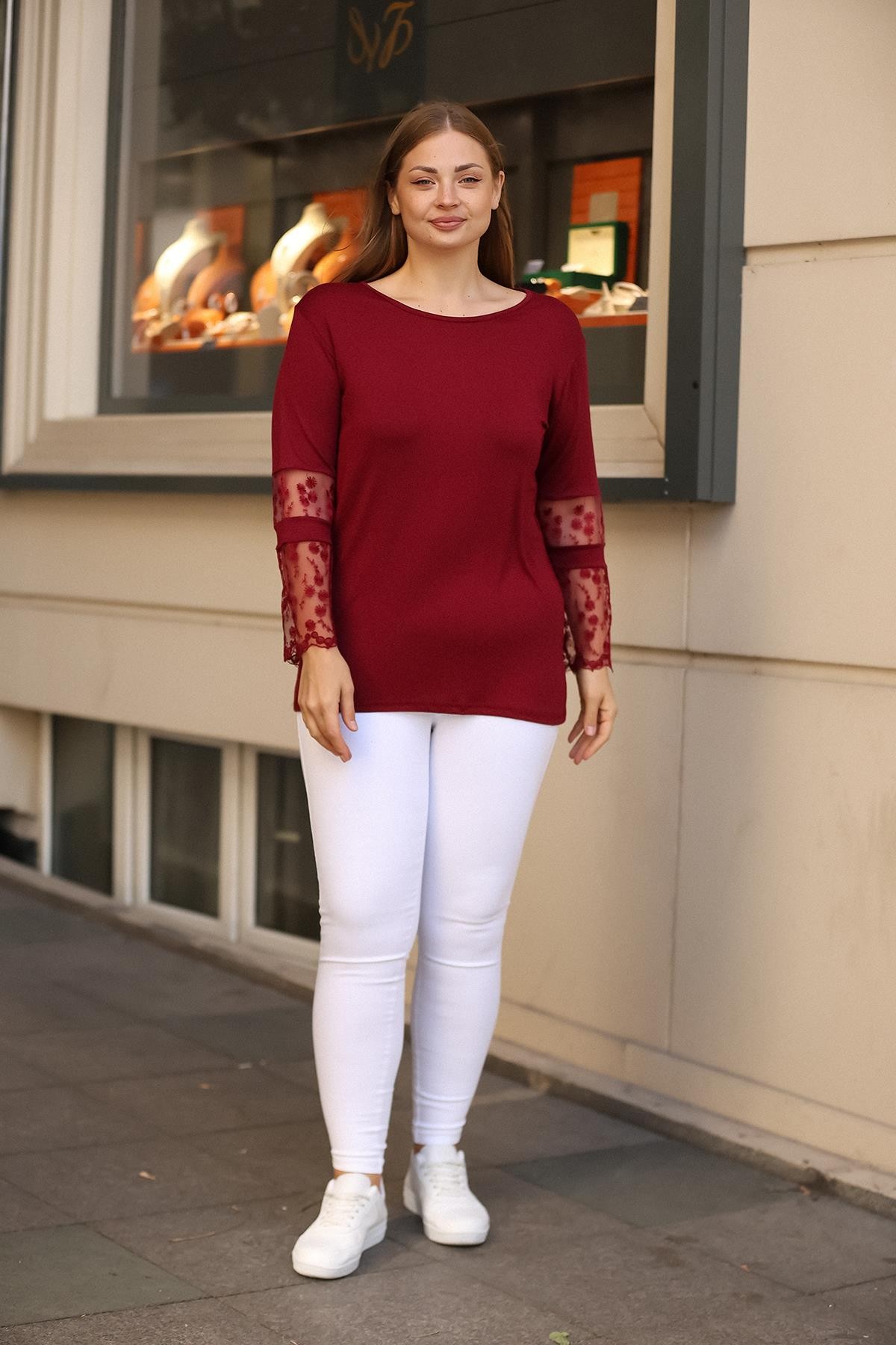 Kolları Dantel Desenli Büyük Beden Bordo Bluz