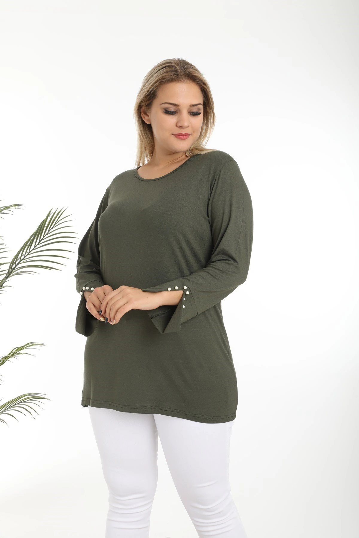 İnci Kol Büyük Beden Haki Viskon Bluz