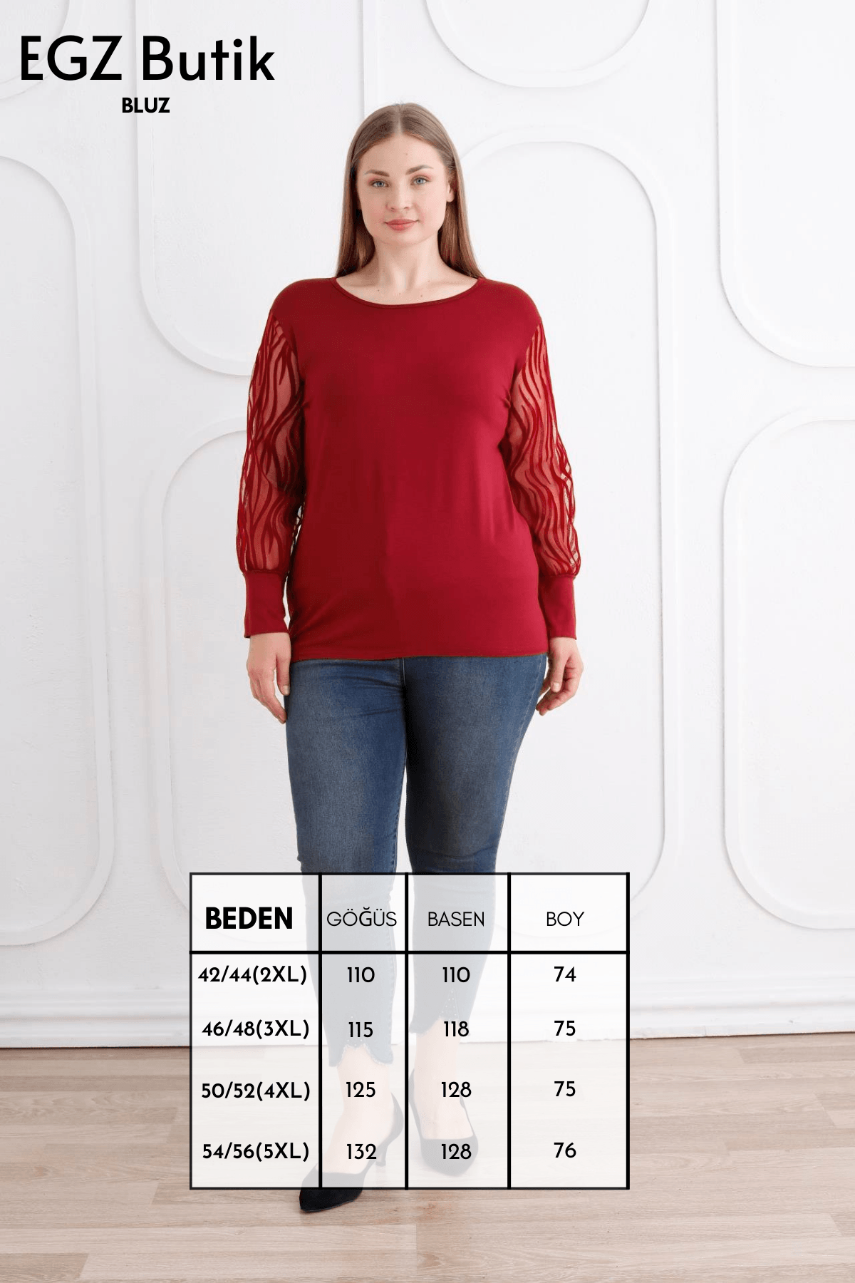 Zebra Kol Büyük Beden Bordo Bluz