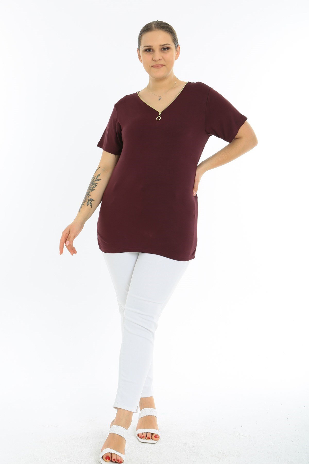 Fermuarlı Kısa Kol Büyük Beden Bordo Bluz