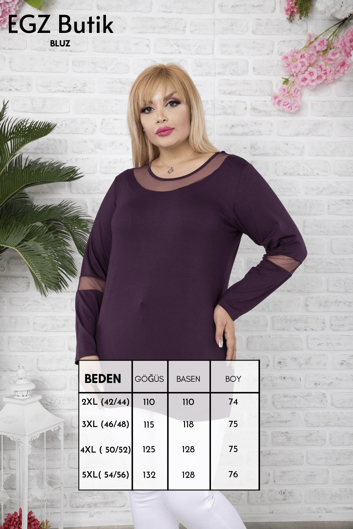 Dirsek ve Yakası Tüllü Büyük Beden Fuşya Bluz