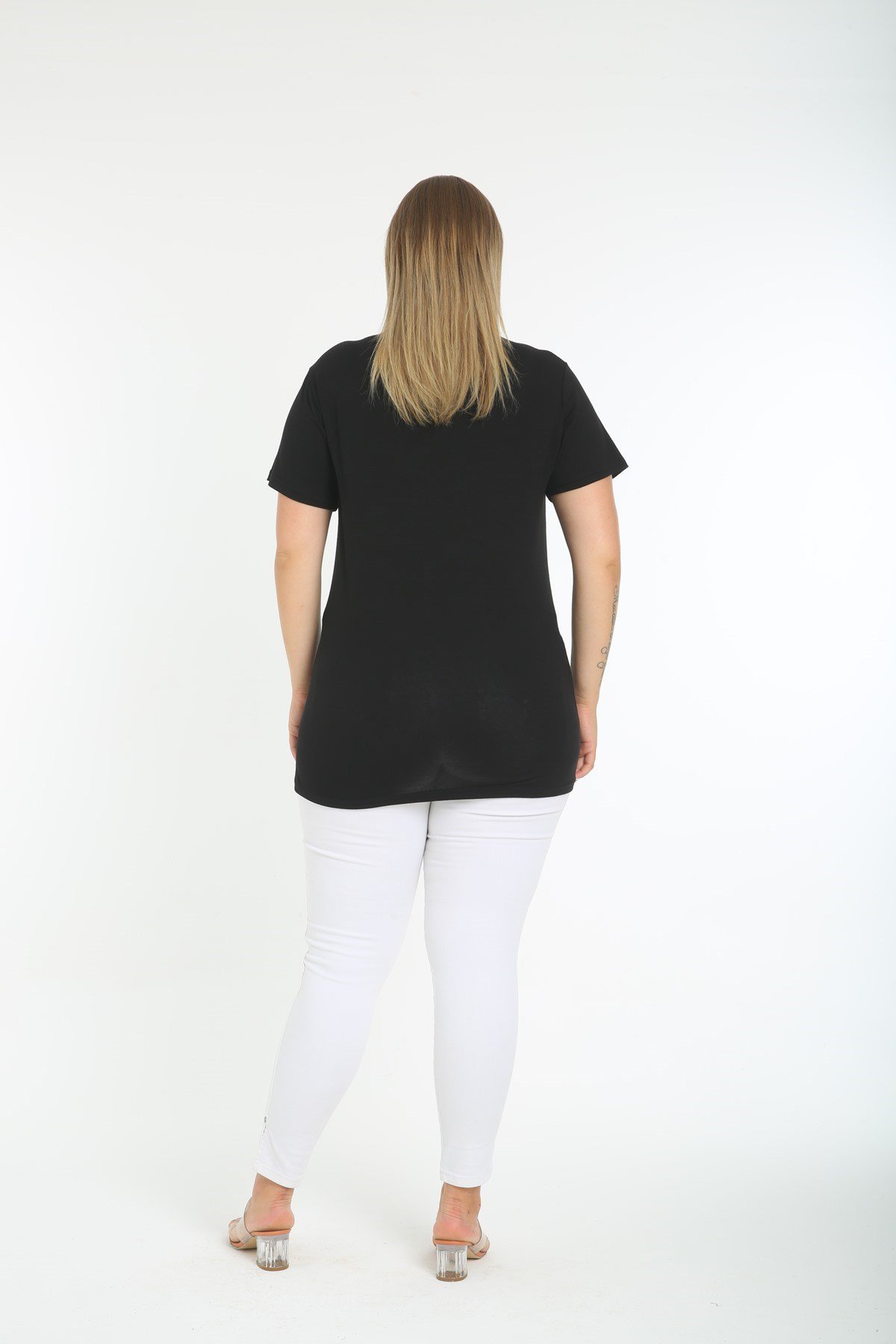 Bel Kısmı Taş Şerit Büyük Beden Siyah Tişört