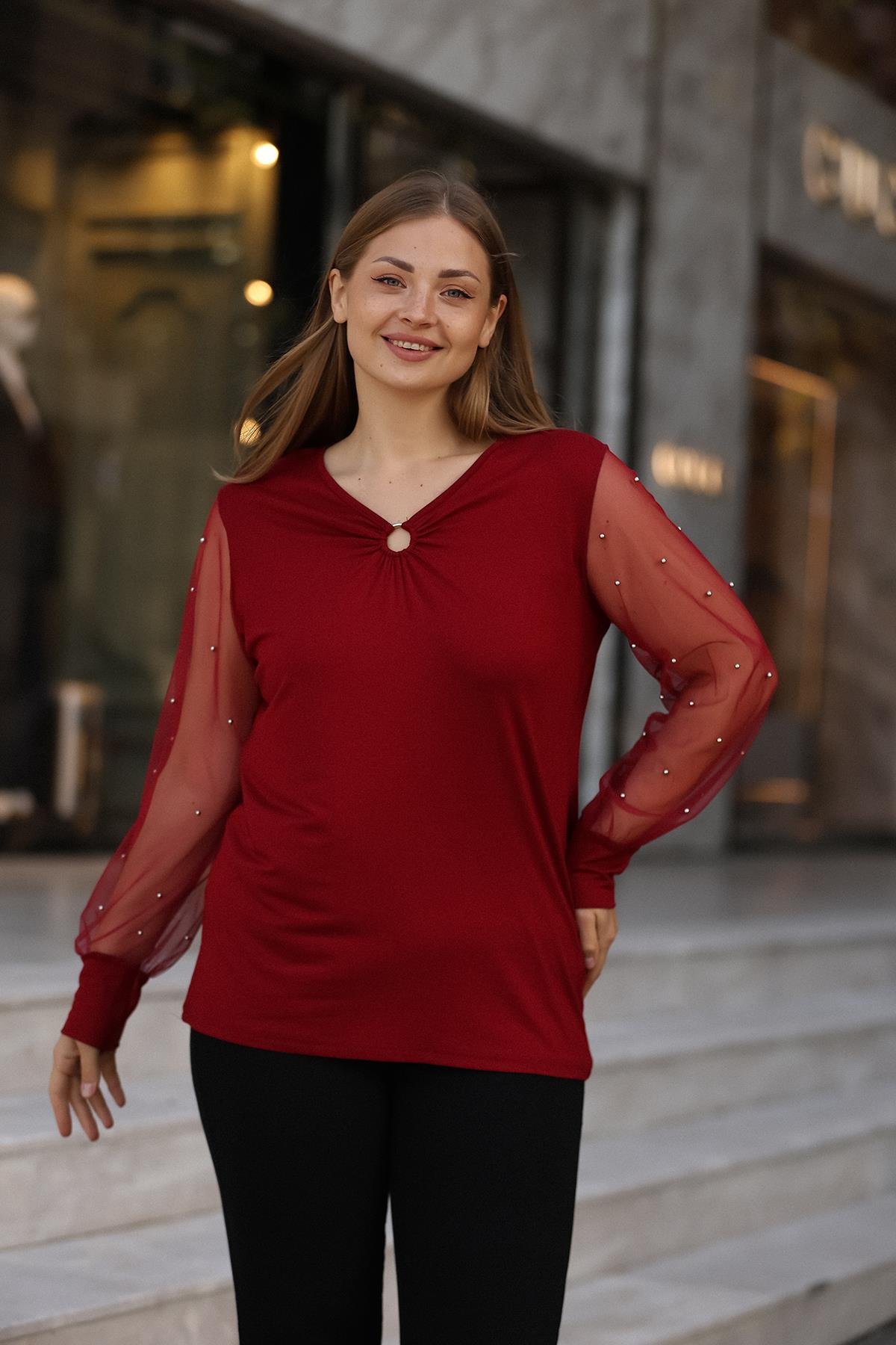 Kolları Tüllü İncili Büyük Beden Bordo Bluz
