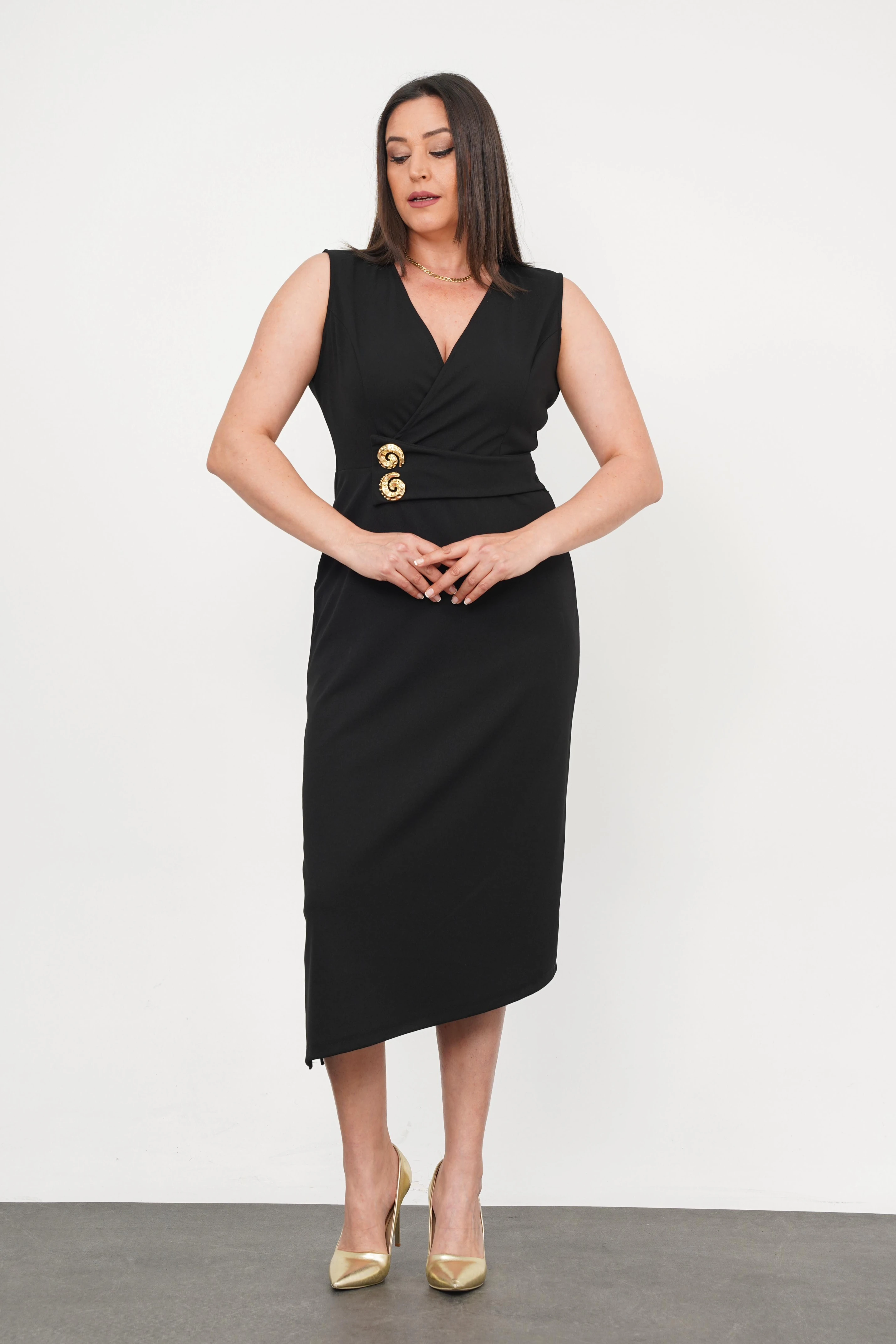 Büyük Beden Sıfır Kol Düğme Detay Abiye Siyah