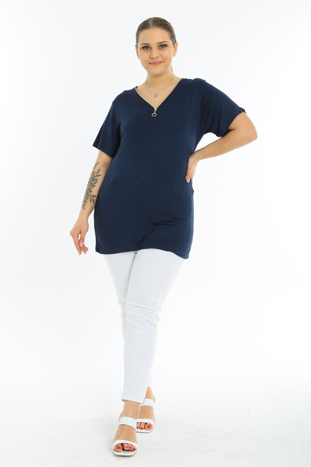 Fermuarlı Kısa Kol Büyük Beden Lacivert Bluz