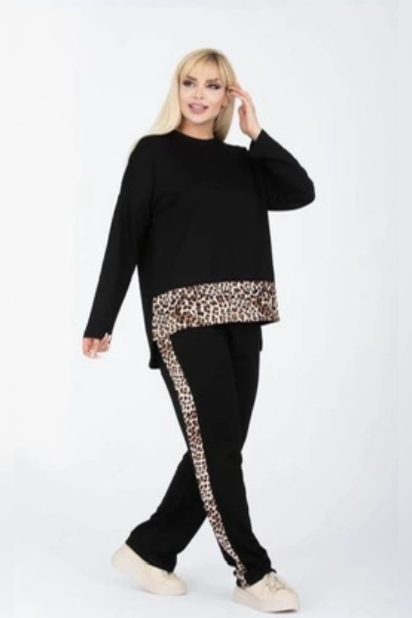 Büyük Beden Leopar Garnili Uzun Kol İkili Takım