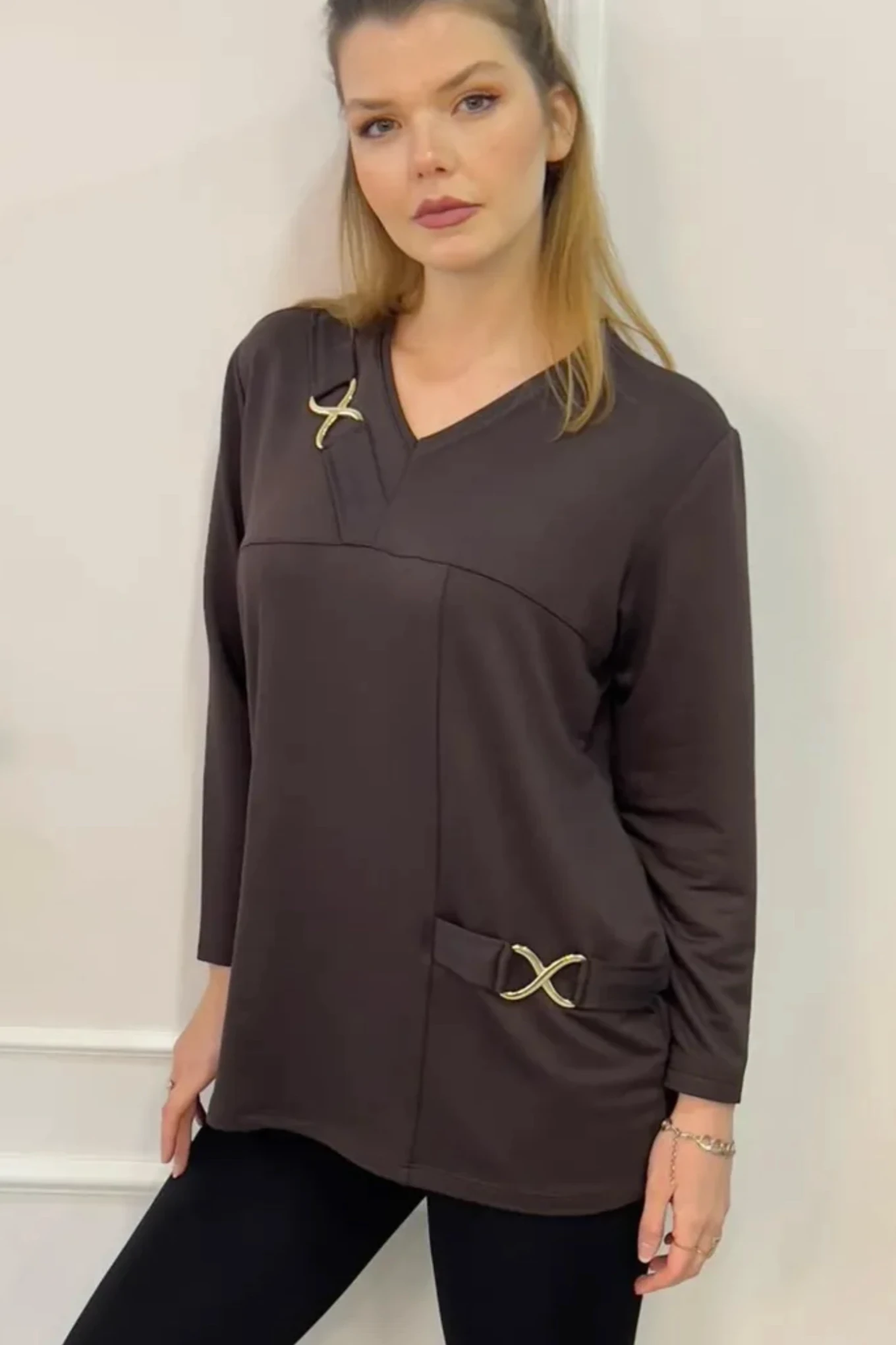 Büyük Beden Ceremony Tokalı Tunik - Kahverengi