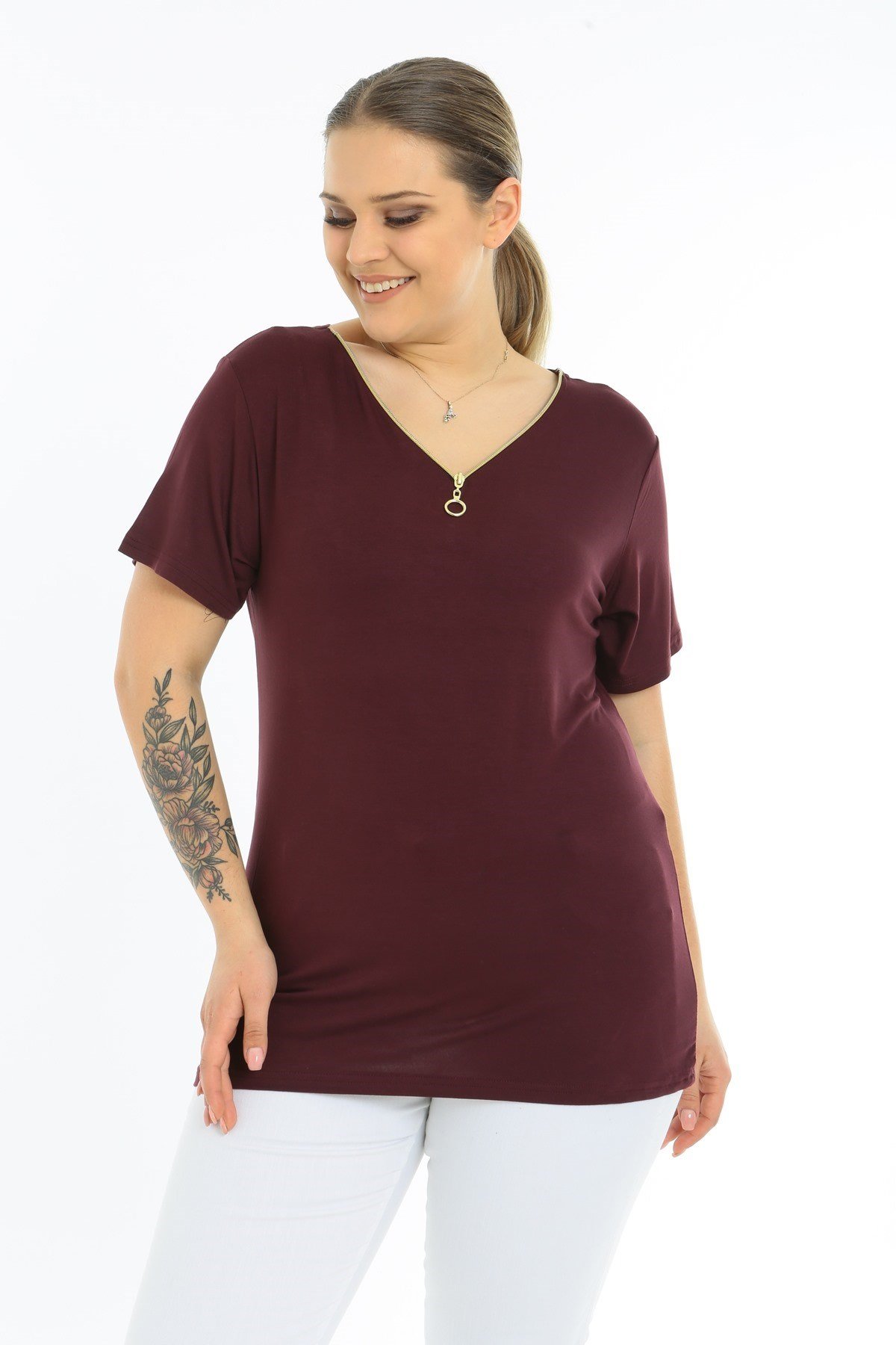 Fermuarlı Kısa Kol Büyük Beden Bordo Bluz