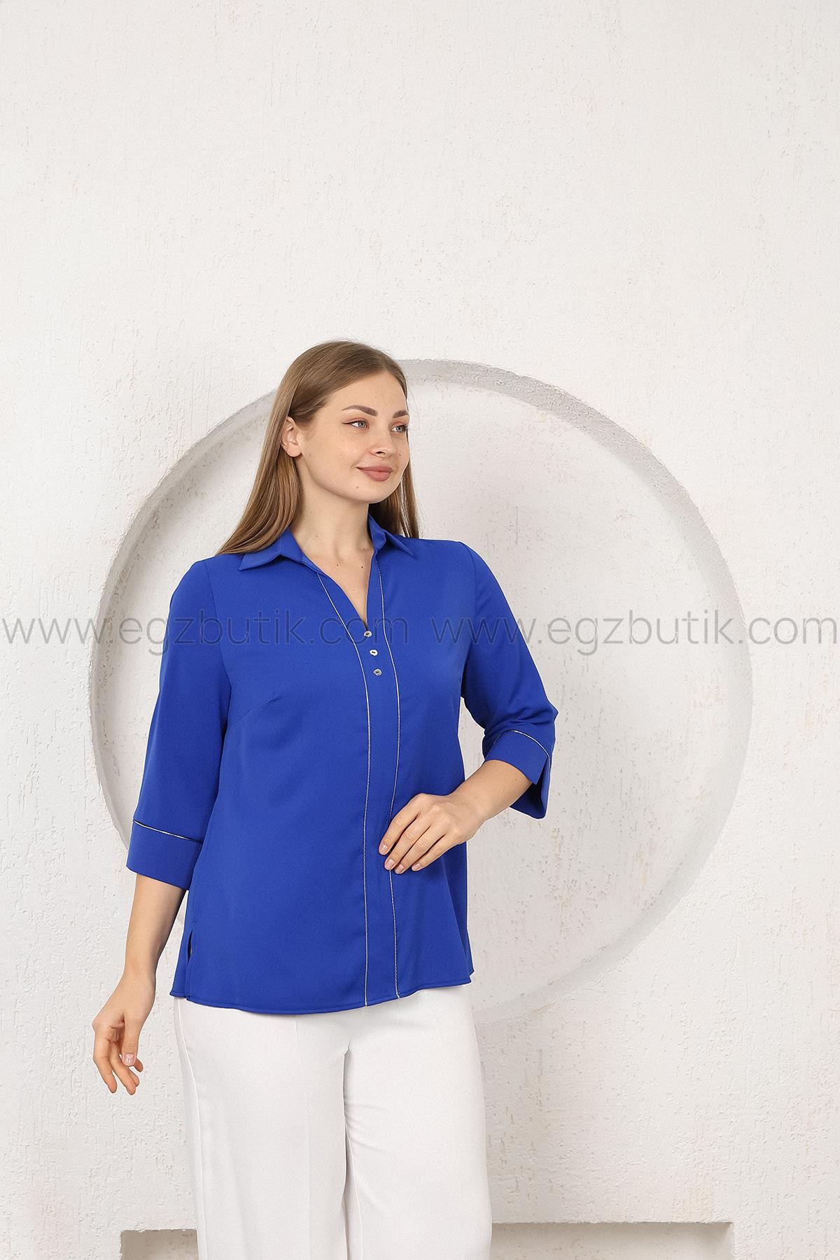 Arabiye Detaylı Büyük Beden Bluz Saks Mavisi