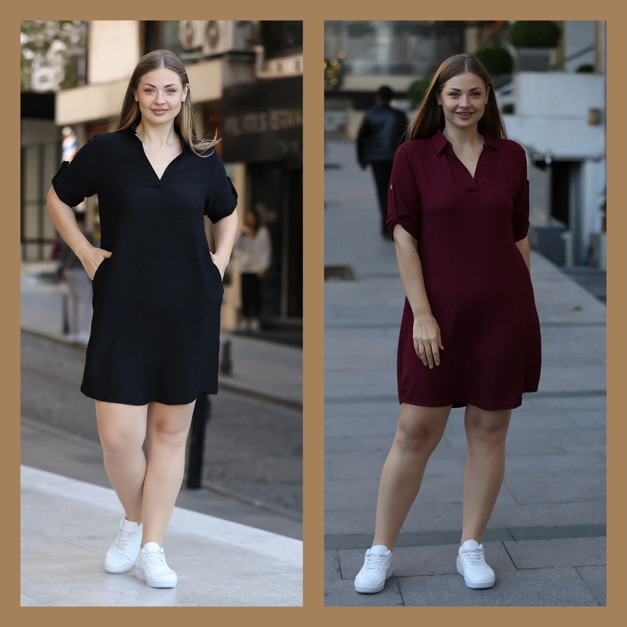 2 li Avantaj Paket Gömlek Yaka Cepli Bordo-Siyah Elbise