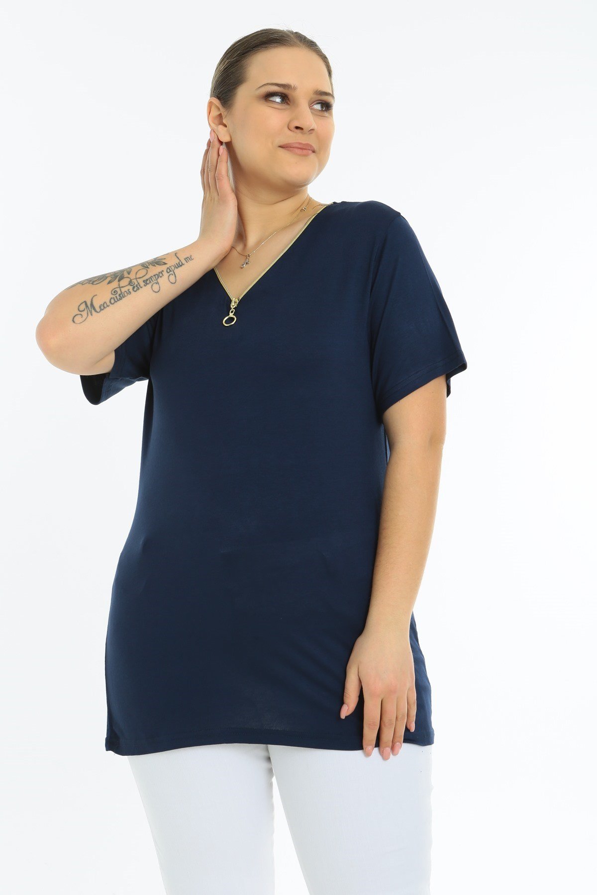 Fermuarlı Kısa Kol Büyük Beden Lacivert Bluz