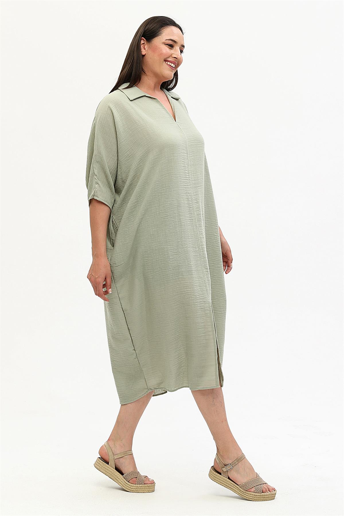 Keten Önü Yırtmaçlı Gömlek Yaka Haki Elbise