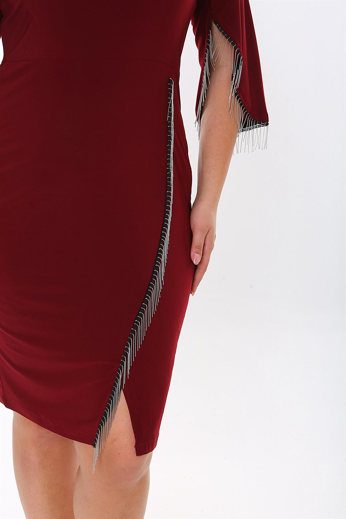 Zincir Detaylı Midi Boy Bordo Elbise