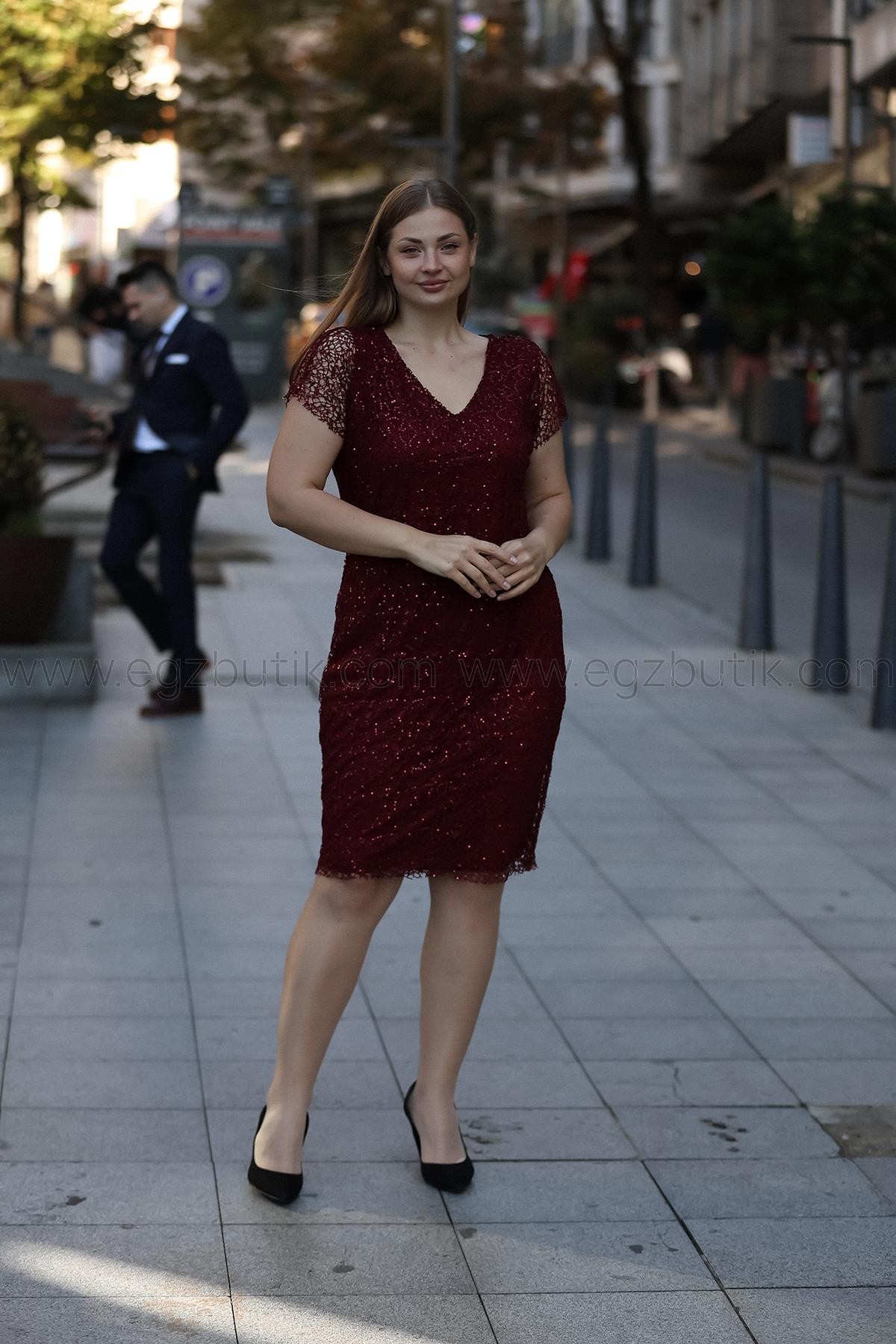 Örümcek Dantel Midi Boy Bordo Elbise