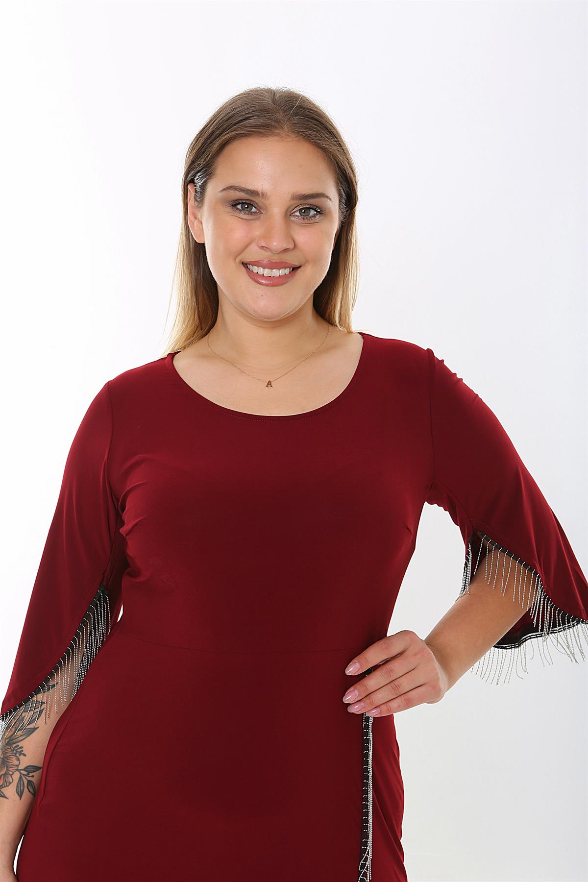 Zincir Detaylı Midi Boy Bordo Elbise