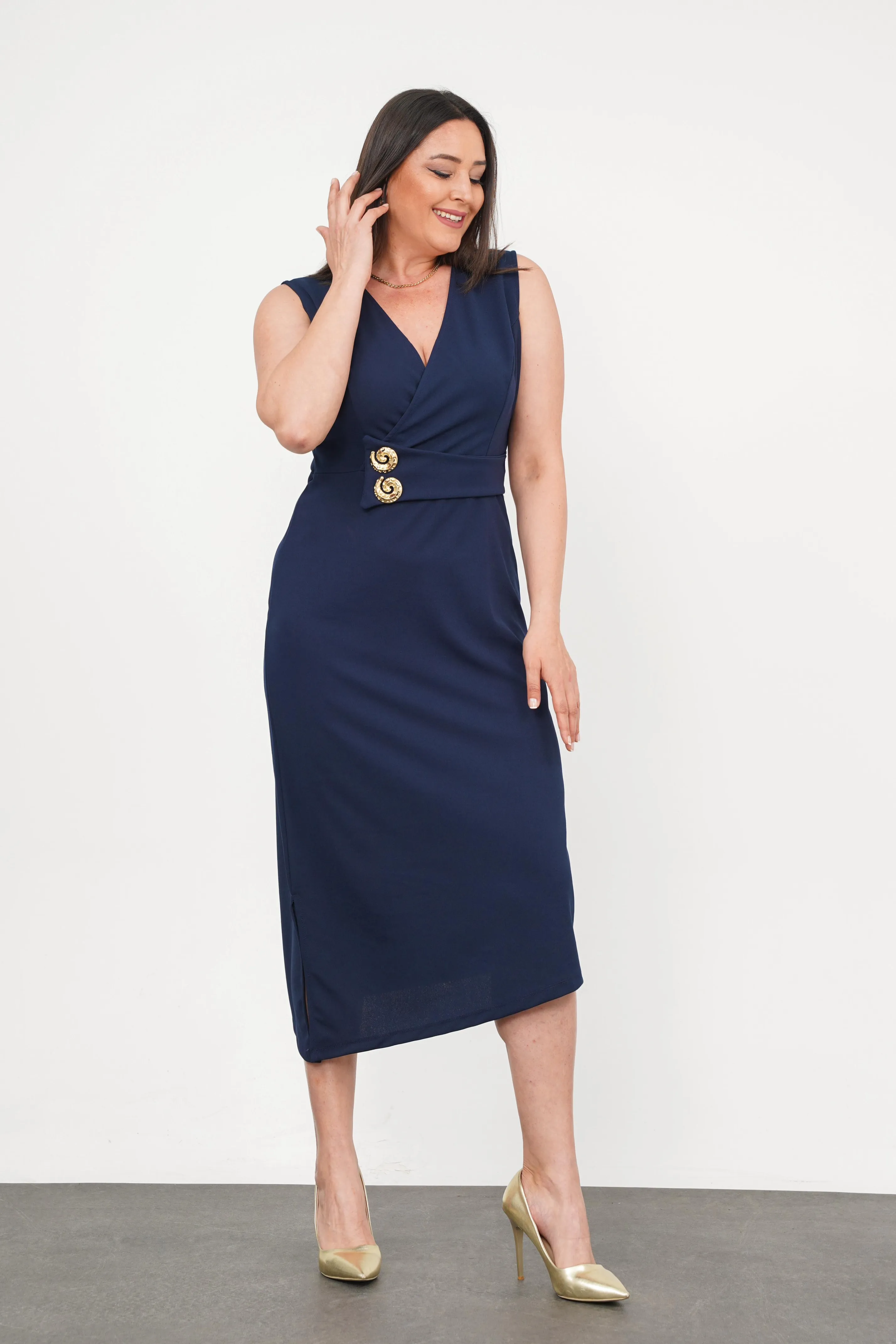 Büyük Beden Sıfır Kol Düğme Detay Abiye Lacivert