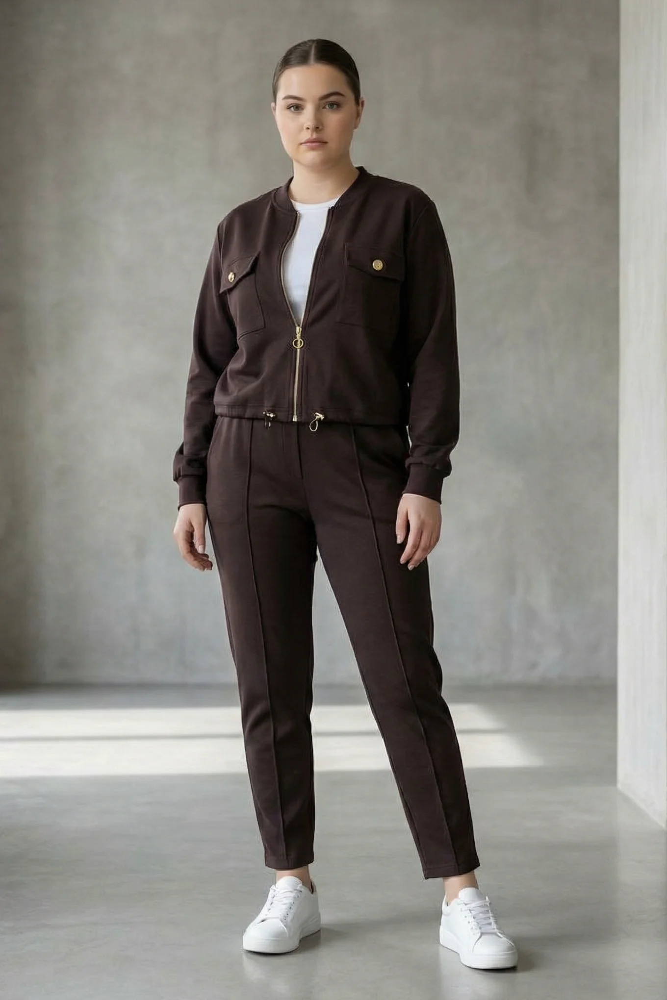 Büyük Beden Modal Çift Cep Detaylı İkili Takım - Kahverengi