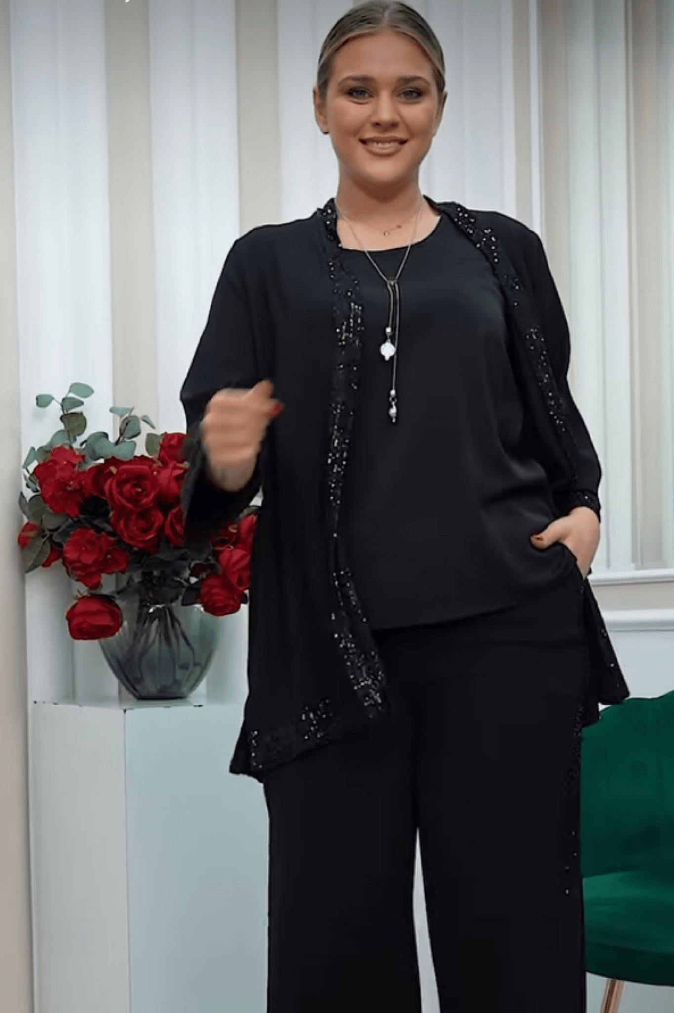 Suzanna Büyük Beden Sim Şeritli Üçlü Takım Siyah