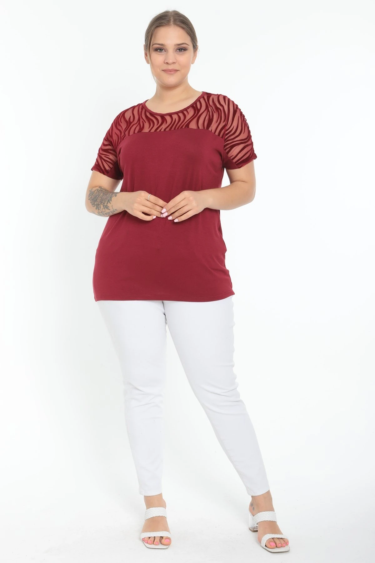 Kısa Kol Önü Zebra Desen Büyük Beden Bordo Bluz