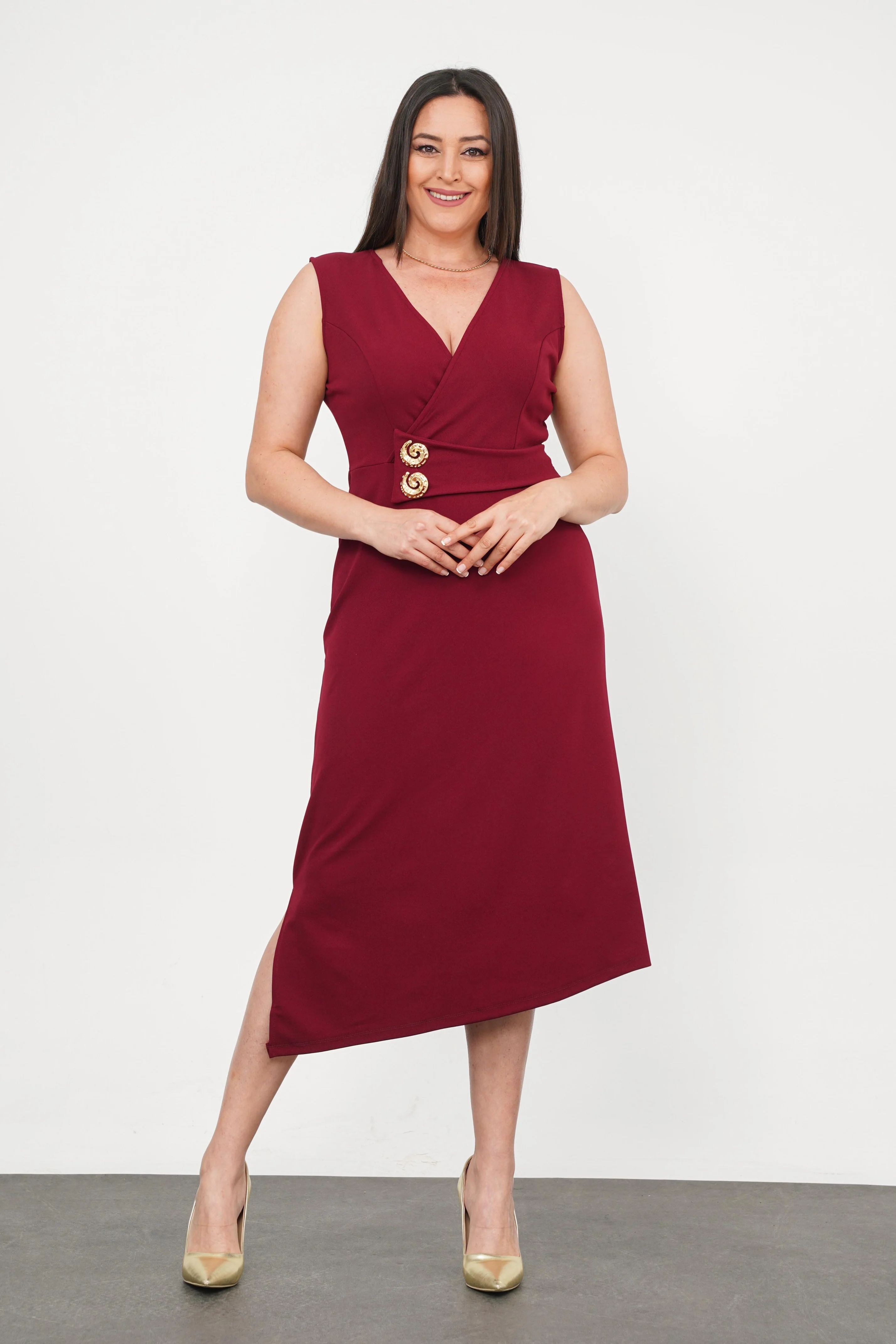 Büyük Beden Sıfır Kol Düğme Detay Abiye Bordo