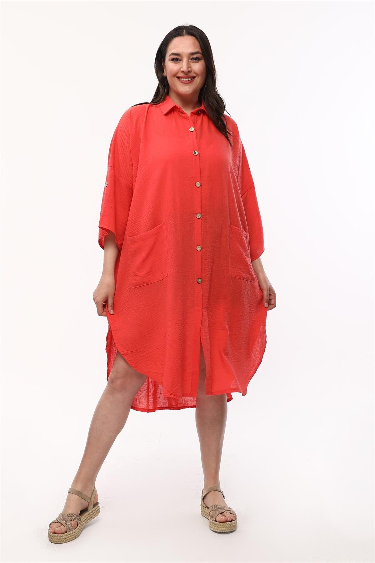 Önü Düğmeli Oversize Kırmızı Keten Elbise