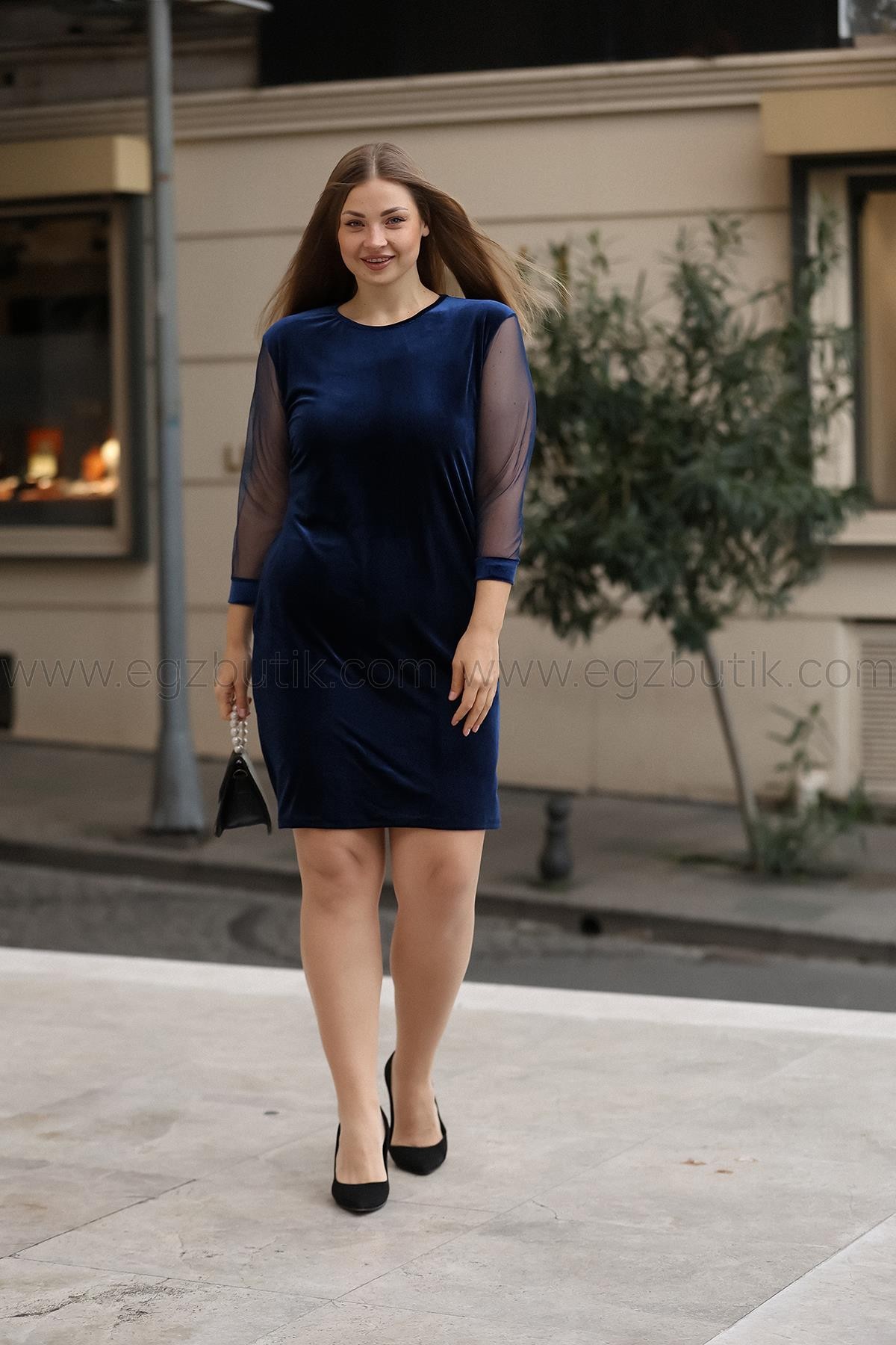 Kolları Tül Kadife Desen Lacivert Elbise