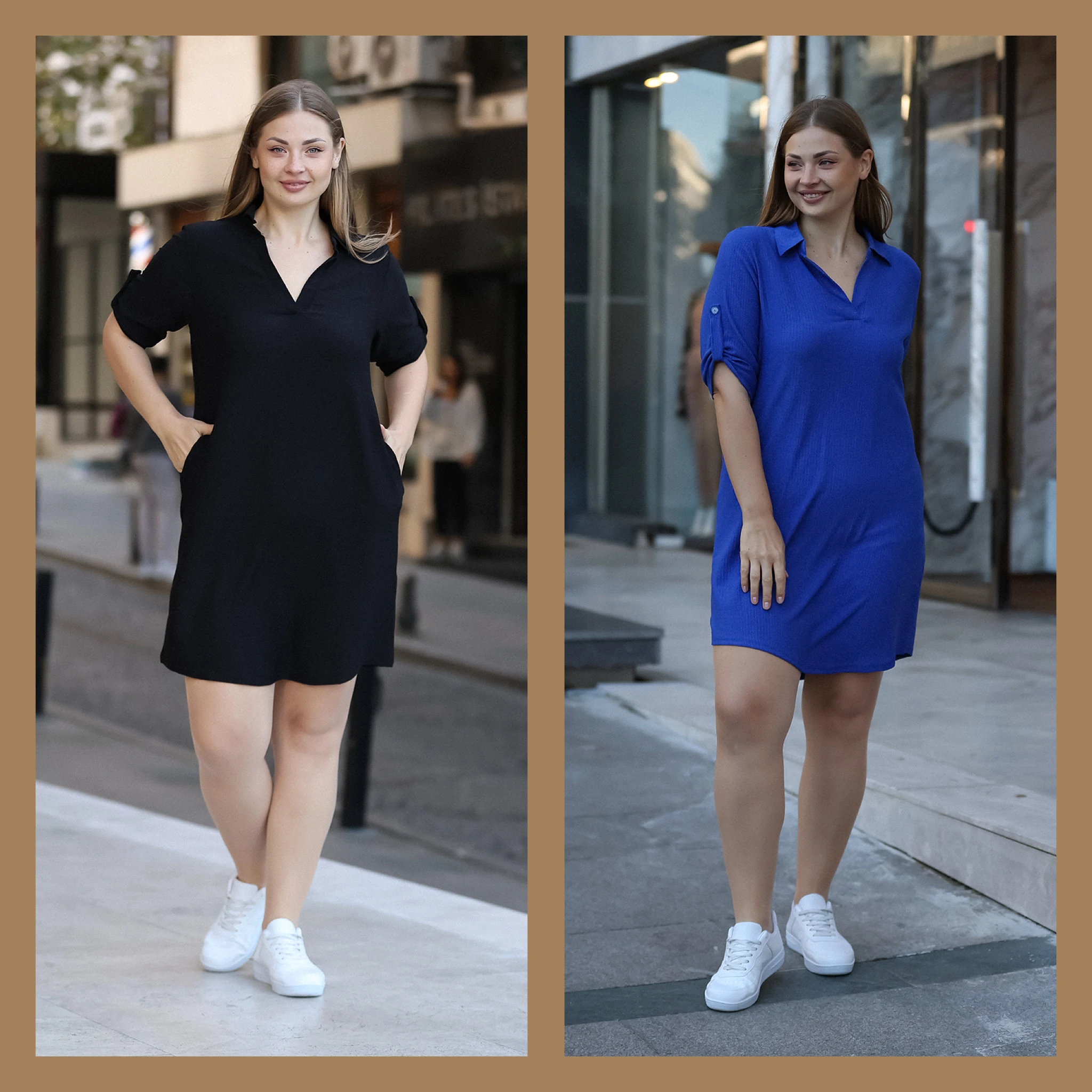 2 li Avantaj Paket Gömlek Yaka Cepli Mavi Siyah Elbise