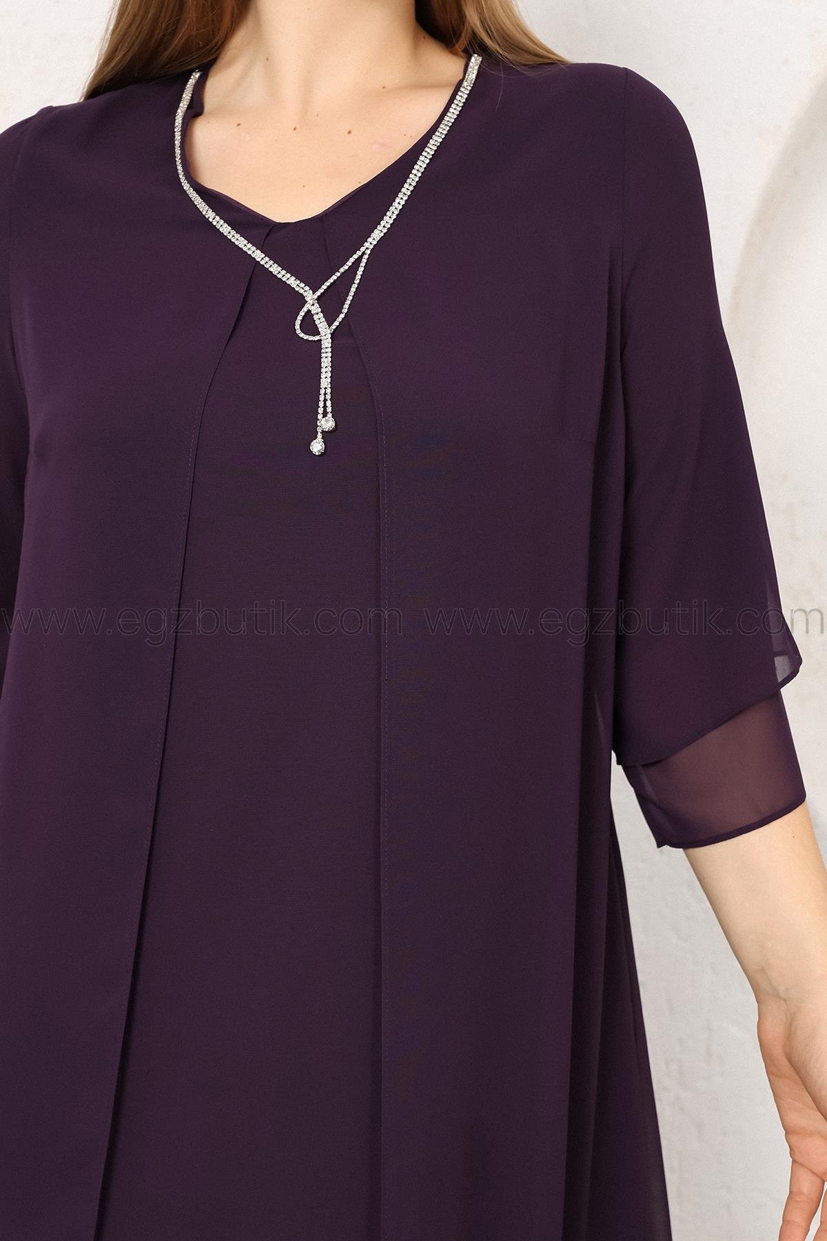 Şifon Üstü Tül  Kolyeli Büyük Beden Elbise Mürdüm