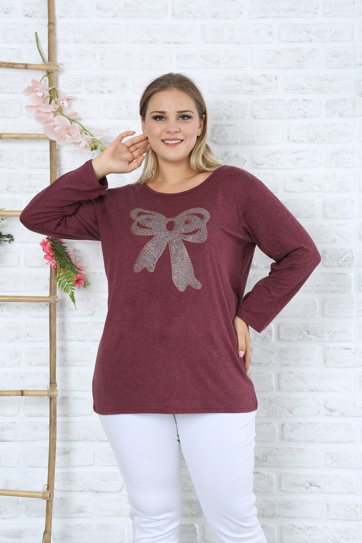 Kurdele Desenli Büyük Beden Bordo Y-Viskon Kazak