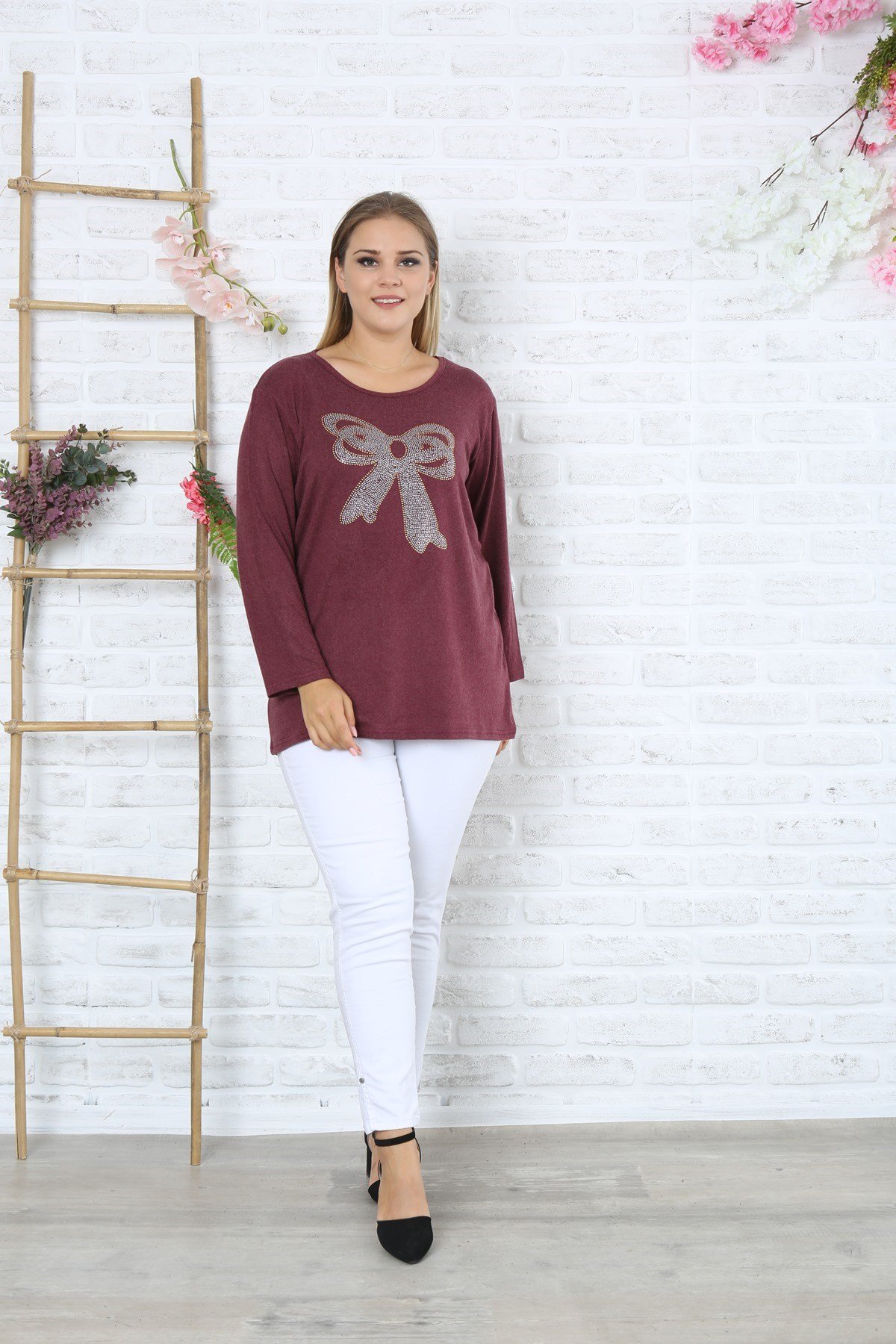 Kurdele Desenli Büyük Beden Bordo Y-Viskon Kazak