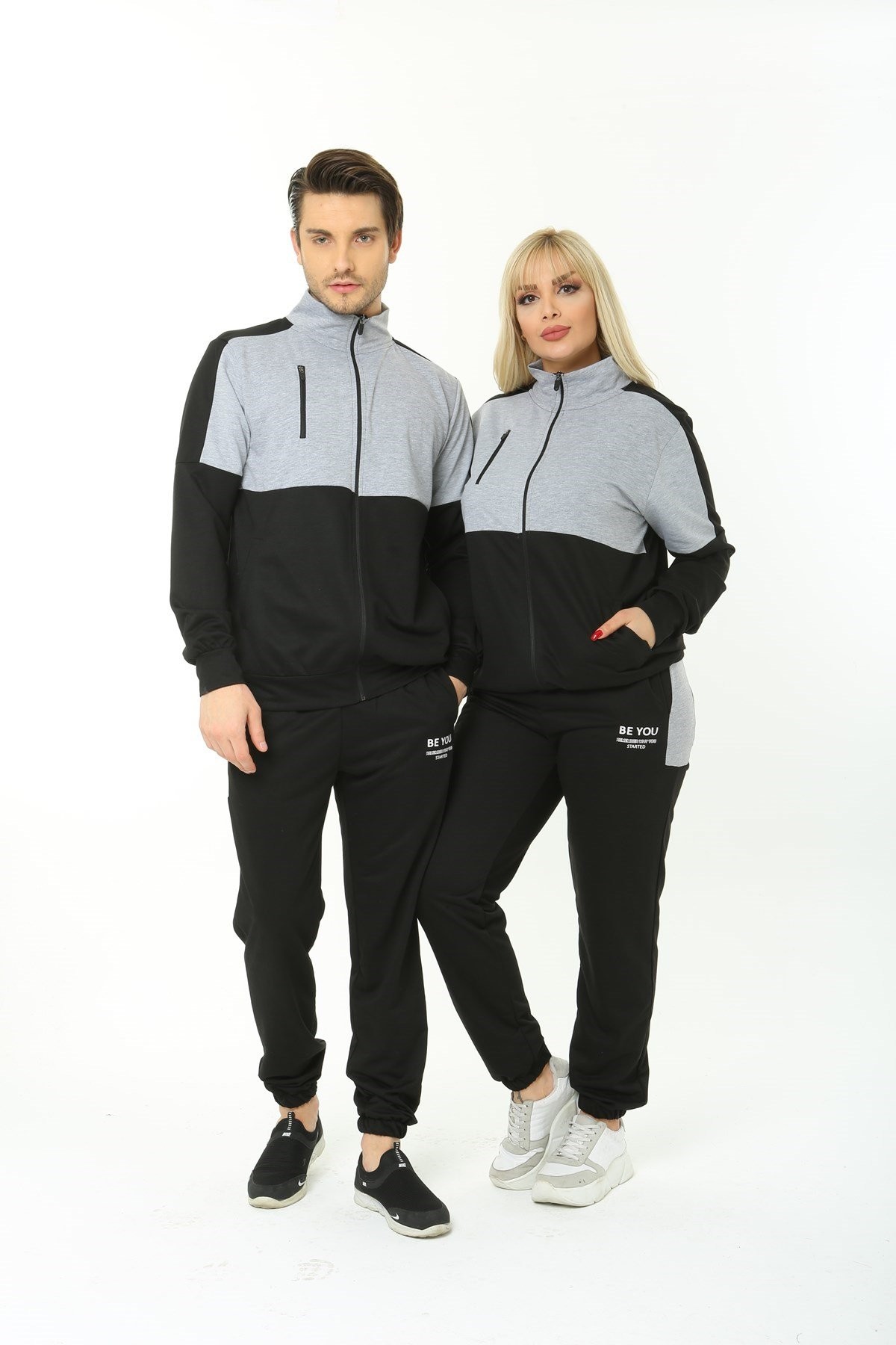 Sevgili Kombin Be You Yazılı Cepli Fermuarlı Siyah Gri İkili Takım