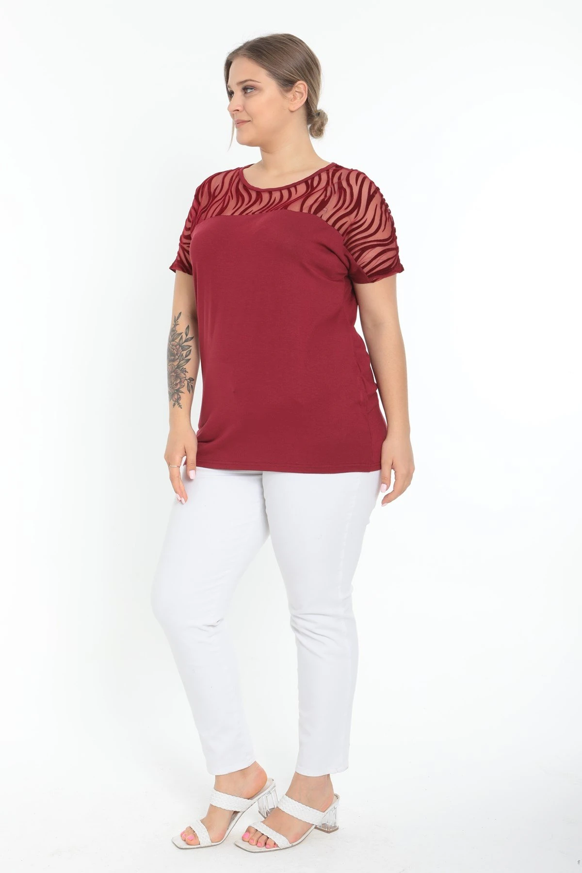 Kısa Kol Önü Zebra Desen Büyük Beden Bordo Bluz
