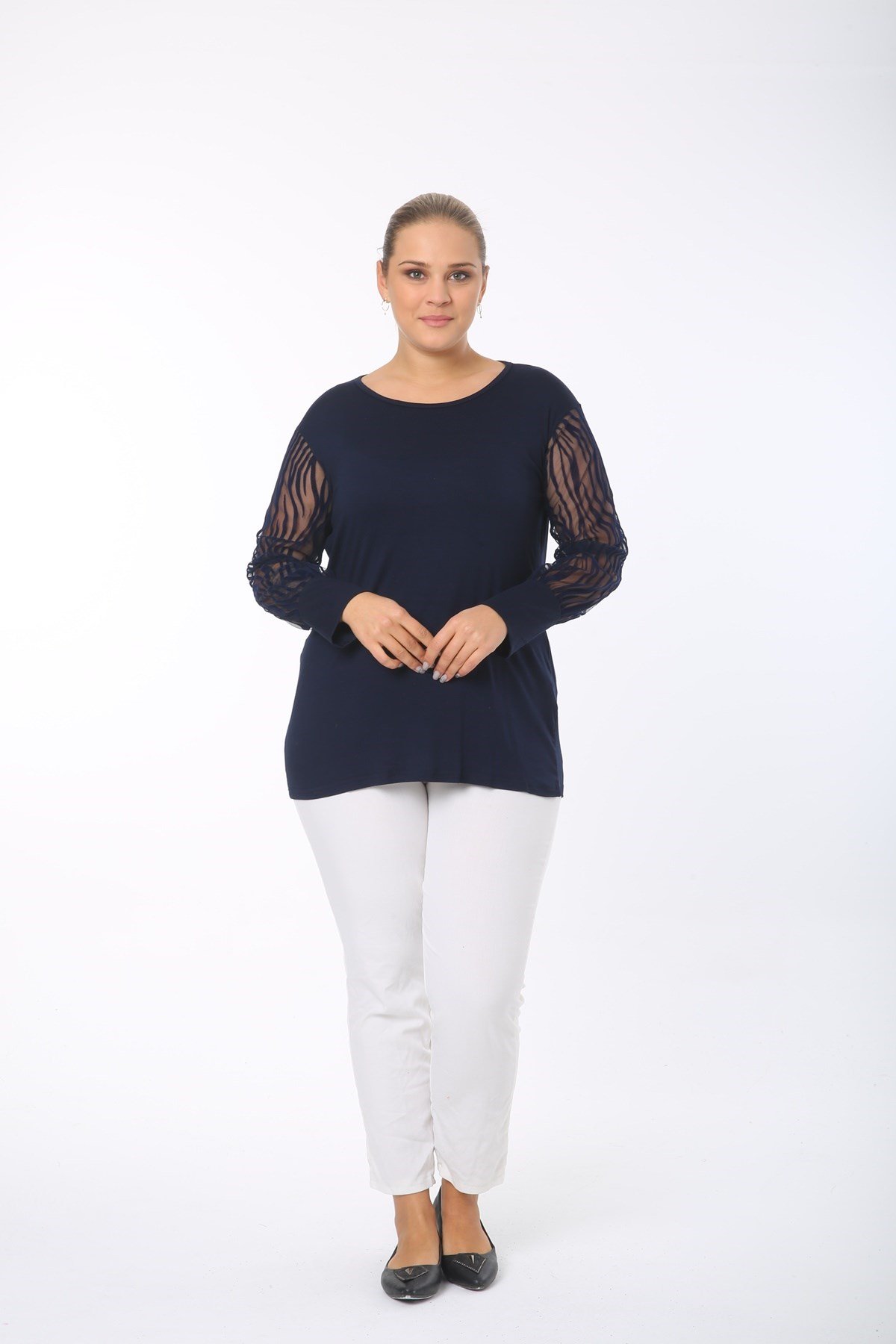 Zebra Kol Büyük Beden Lacivert Bluz