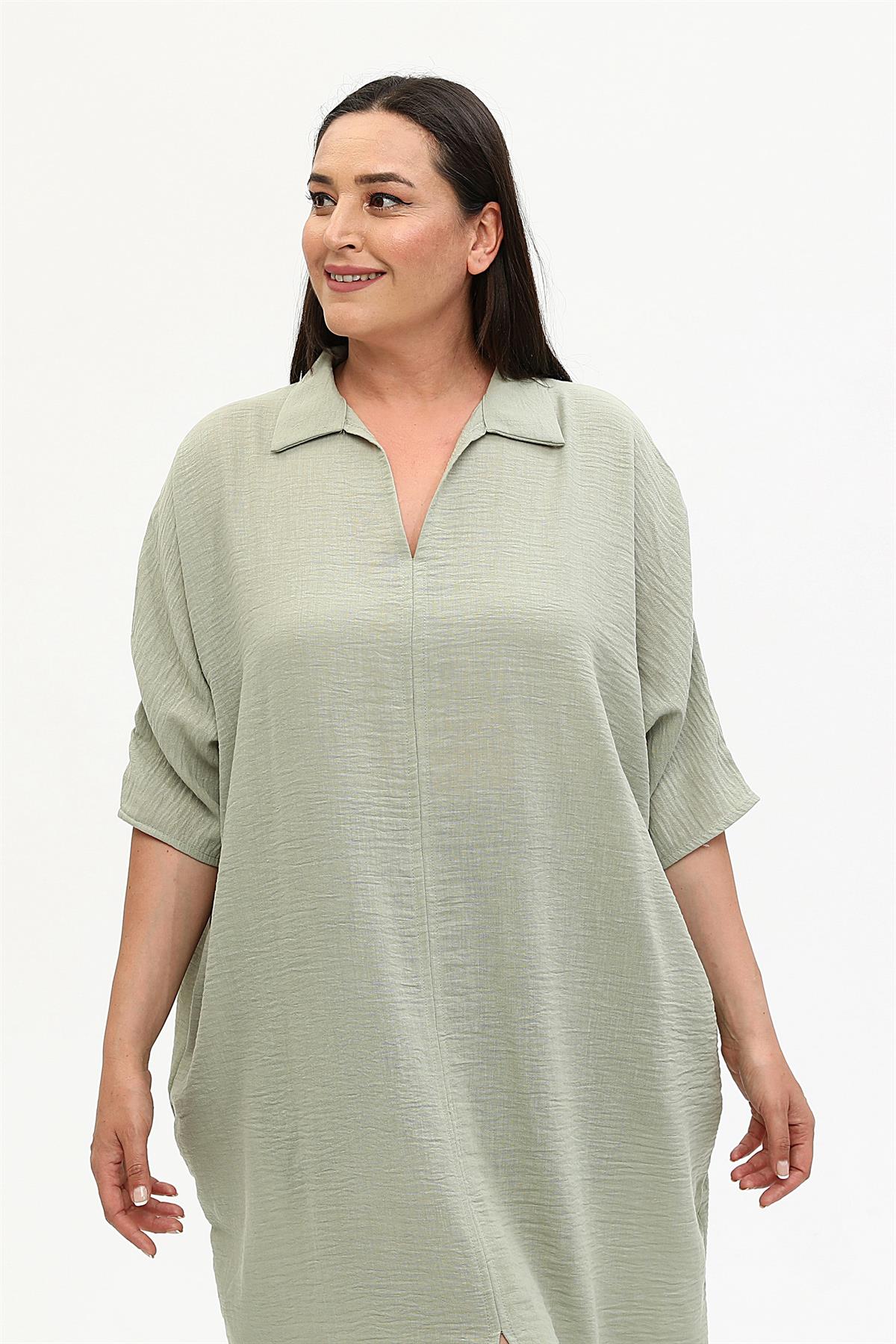 Keten Önü Yırtmaçlı Gömlek Yaka Haki Elbise