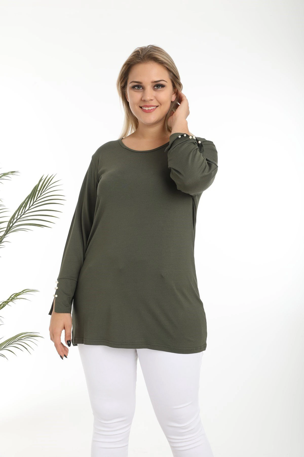 İnci Kol Büyük Beden Haki Viskon Bluz