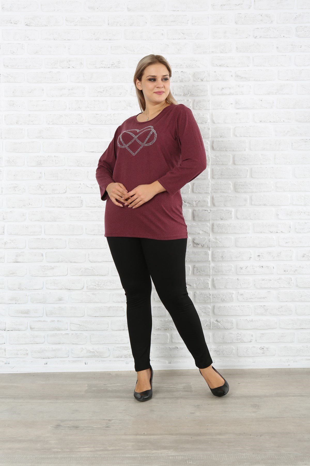 Sonsuz Kalp Baskılı  Taşlı Büyük Beden Bordo Kazak