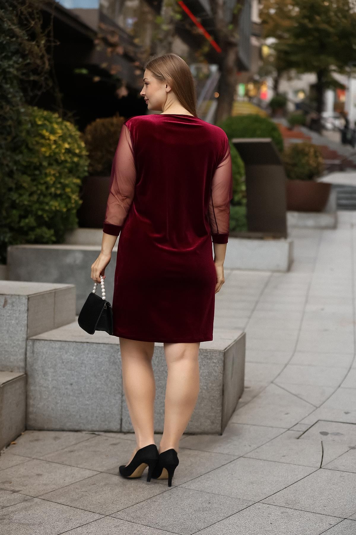 Kolları Tül Kadife Desen Bordo Elbise