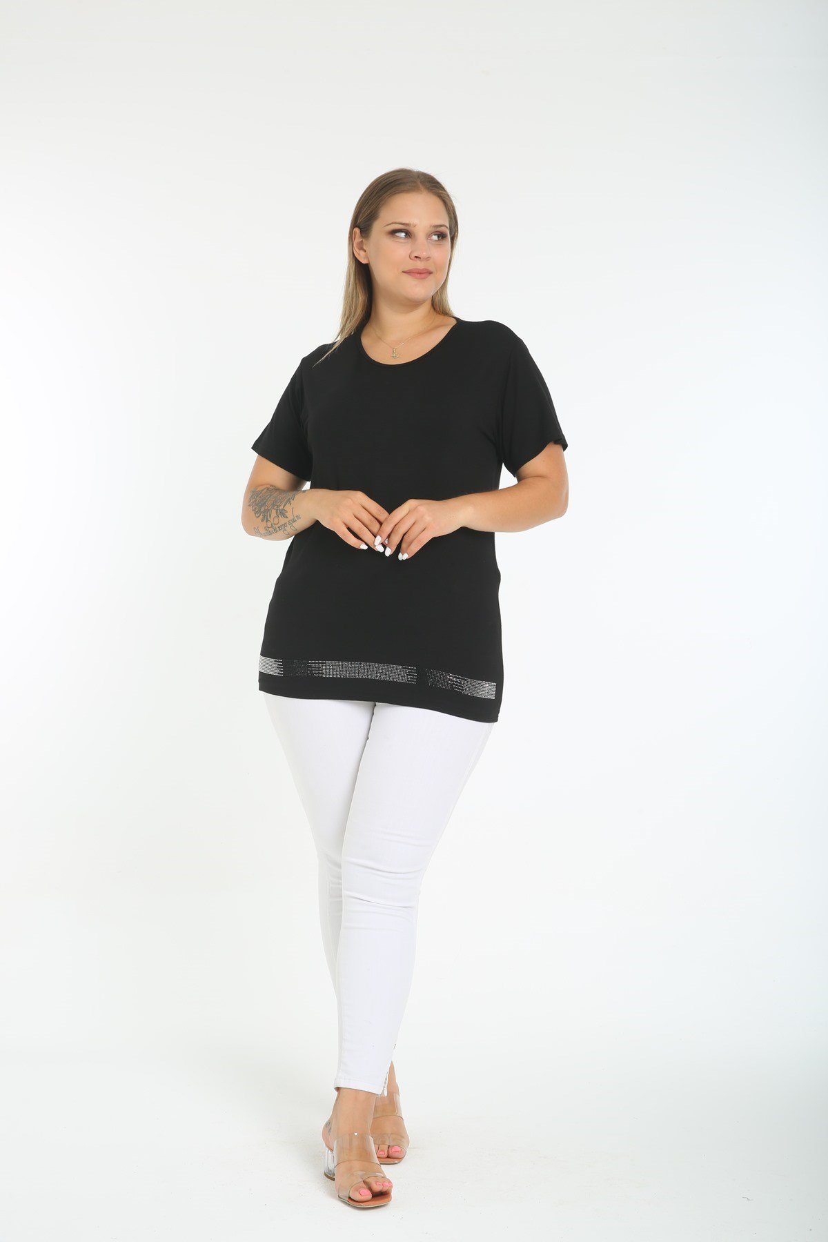 Bel Kısmı Taş Şerit Büyük Beden Siyah Tişört