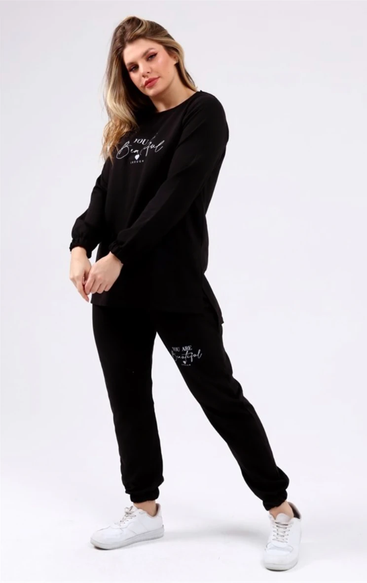 İki İplik Beautiful Yazılı Büyük Beden Vizon İkili Takım