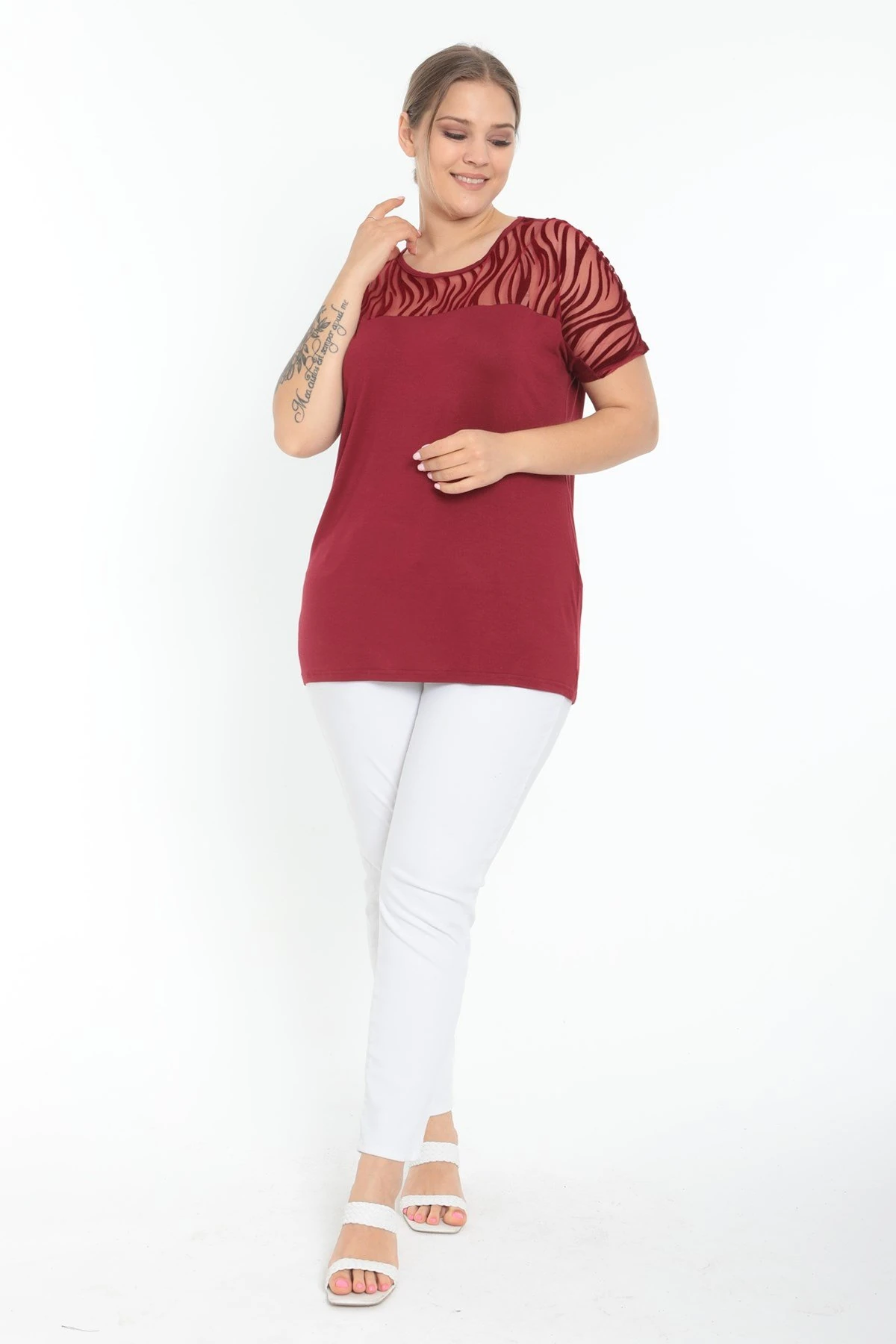 Kısa Kol Önü Zebra Desen Büyük Beden Bordo Bluz