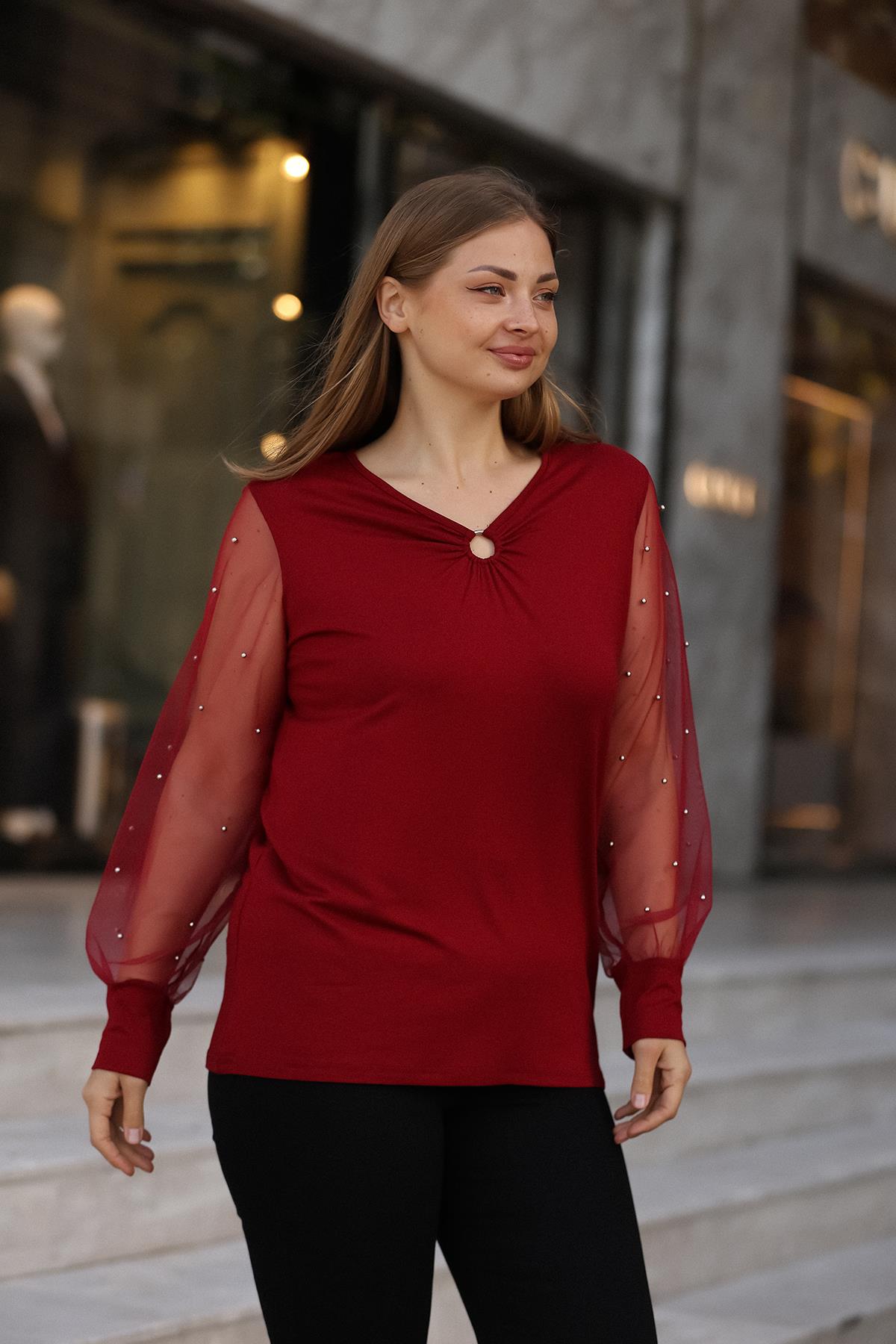 Kolları Tüllü İncili Büyük Beden Bordo Bluz