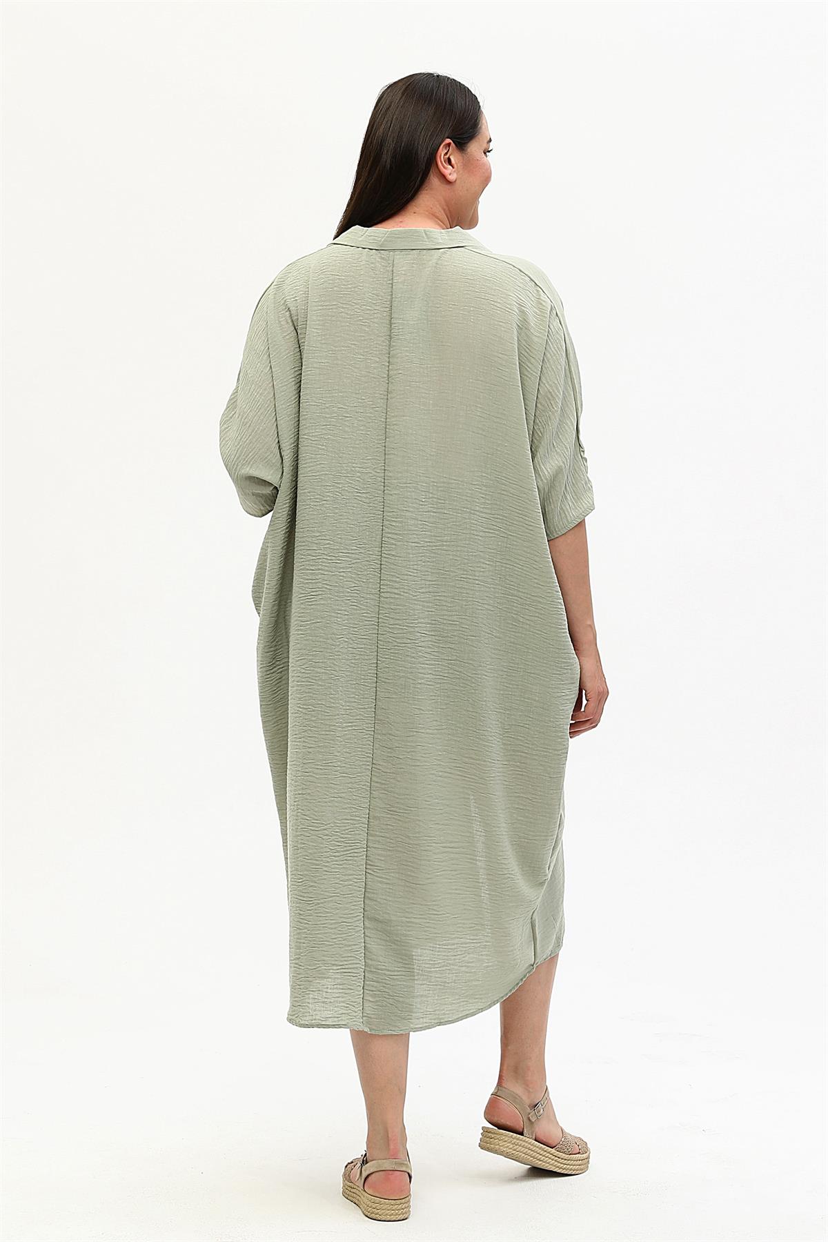 Keten Önü Yırtmaçlı Gömlek Yaka Haki Elbise